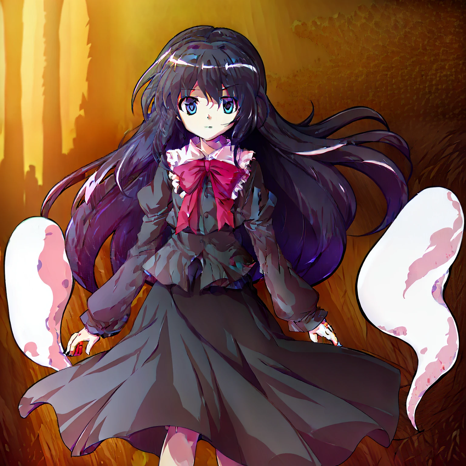 Masterpiece, 1girl, solo, long hair, wearing skirt, night, ghost town, homuramagica, homuraakemi