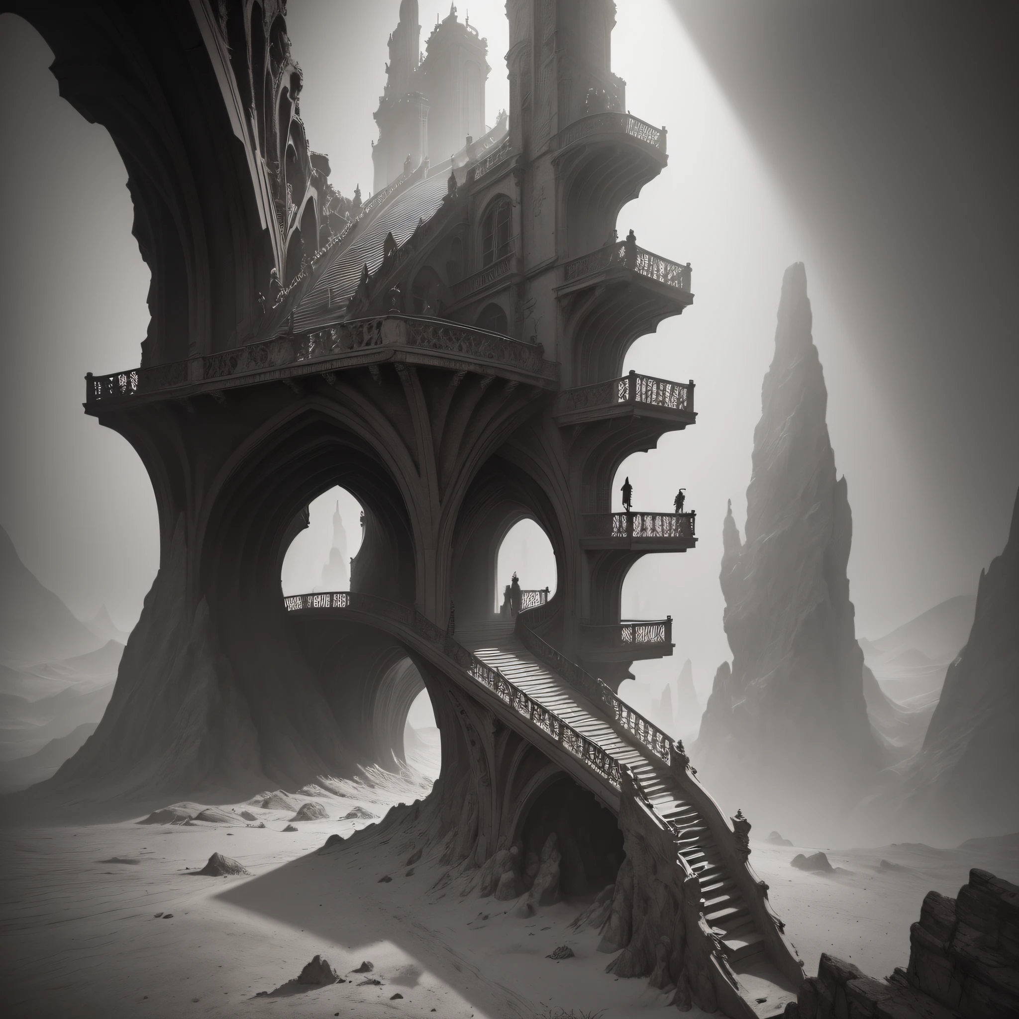 STAICASE OF DOOM, artwork concept M.C Escher+Clark Ashton Smith +Digital colage+vintage+ architetural Art+ creepy+ b/w photography by Pierre verger+style Fusion+,yellow mist, atmospheric, , Aerial acrobatics design by +Ridley Scot, hyperrealistic+, 4K, Octane -upscale