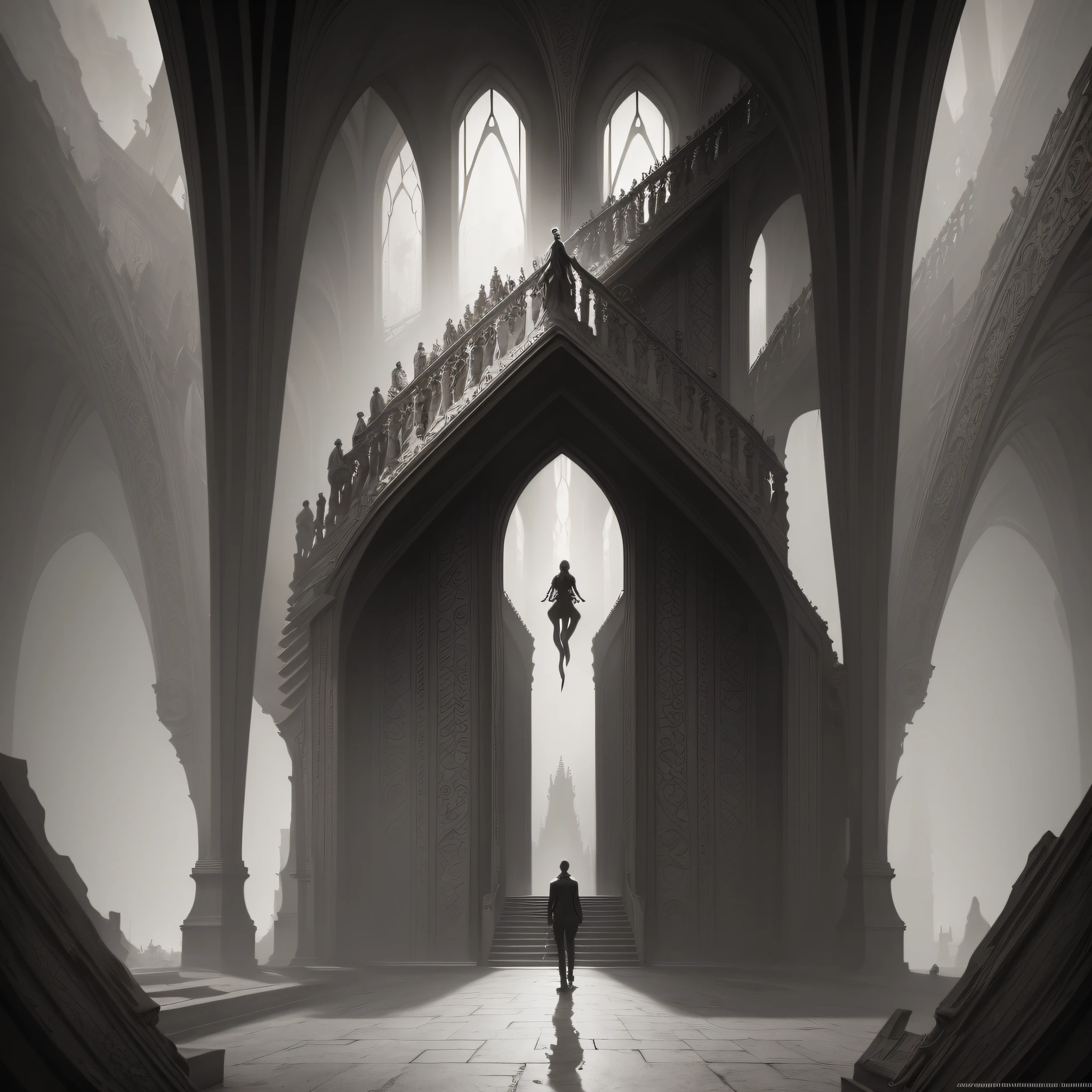 STAICASE OF DOOM, artwork concept M.C Escher+Clark Ashton Smith +Digital colage+vintage+ architetural Art+ creepy+ b/w photography by Pierre verger+style Fusion+,yellow mist, atmospheric, , Aerial acrobatics design by +Ridley Scot, hyperrealistic+, 4K, Octane -upscale