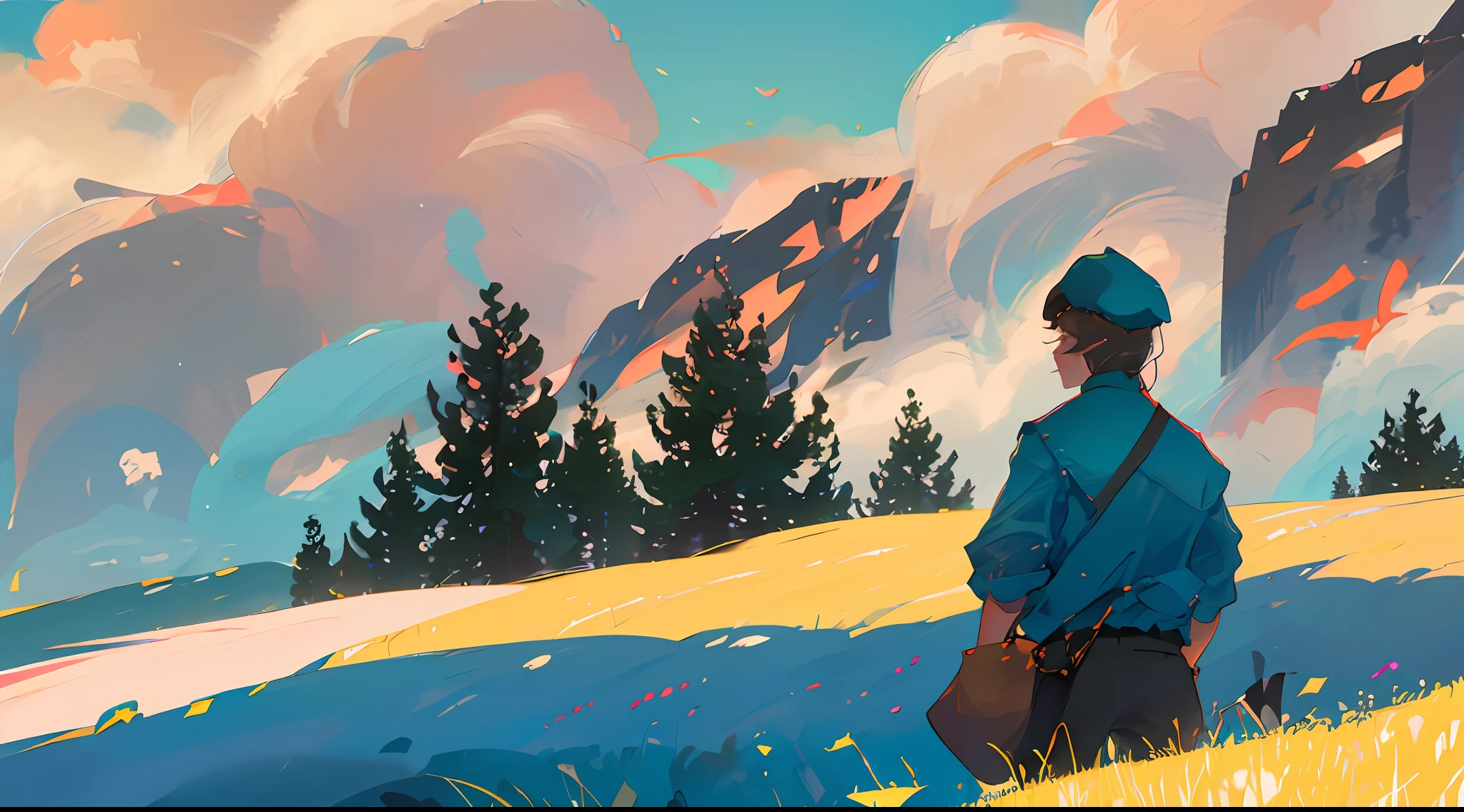 hot temperature, Skysky,No clouds, suns(1.5), The hot breath spread across the meadow, Trees and water,A boy with(cloth clothes,beret,Looking at the sky),best qualtiy