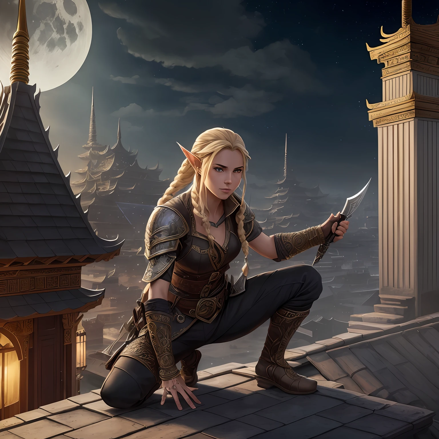 arafed, high details, best quality, 8k, [ultra detailed], masterpiece, best quality, (extremely detailed), dynamic angle, ultra wide shot, RAW, photorealistic, fantasy art, dnd art, rpg art, realistic art, a picture of an epic fantasy thief  crouching [on roof top](1.5 intricate details, Masterpiece, best quality) on top of a roof in urban fantasy city, ready for action, plenty of buildings, a temple in the background(1.5 intricate details, Masterpiece, best quality), elf woman, epic fantasy thief, [[anatomically correct]], blond hair, braided hair, fair skin, intense bright eyes, armed with dagger  (1.5 intricate details, Masterpiece, best quality), having thief tools kit,  dynamic position (1.5 intricate details, Masterpiece, best quality), small pointed ears, dark armor, full leather armor (1.4 intricate details, Masterpiece, best details), high boots, tense atmosphere, night, stars light, moon light, moon rays, stars, best details, best quality, highres, ultra wide angle