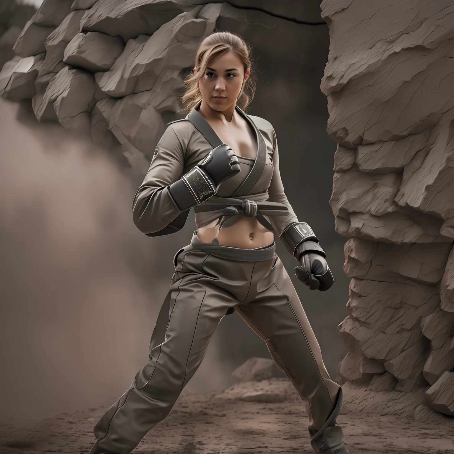 Female, martial artist, fighting, beautiful, delicate face, full body armor, iron mma gloves, attack posture, best quality, sharp image, crumbling scenery