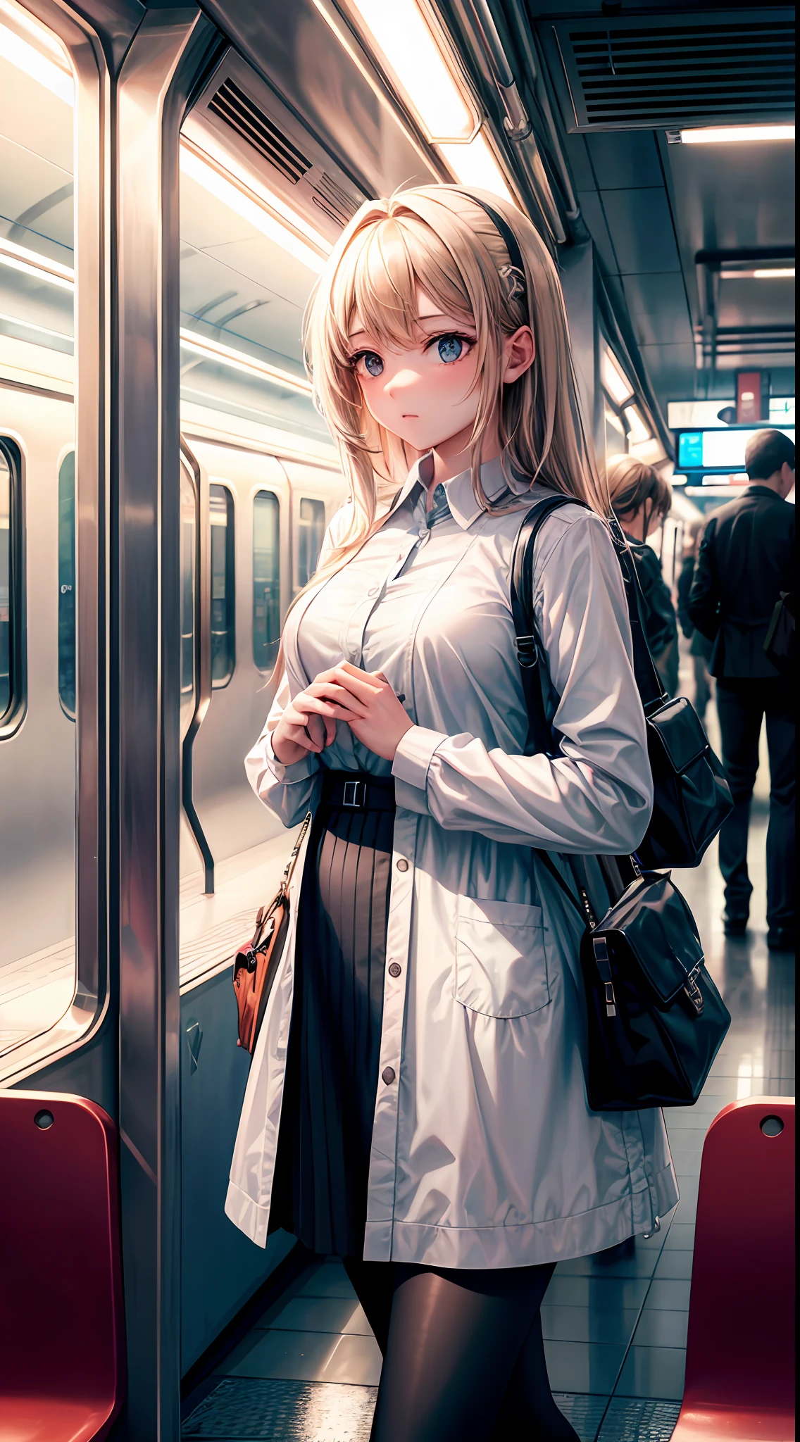 Hyper-detailing,A high resolution,Hyper-detailing,best qualtiy,,top Quority,cinmatic lighting,Inside the subway,1 girl nervously waiting for the time to arrive at the station