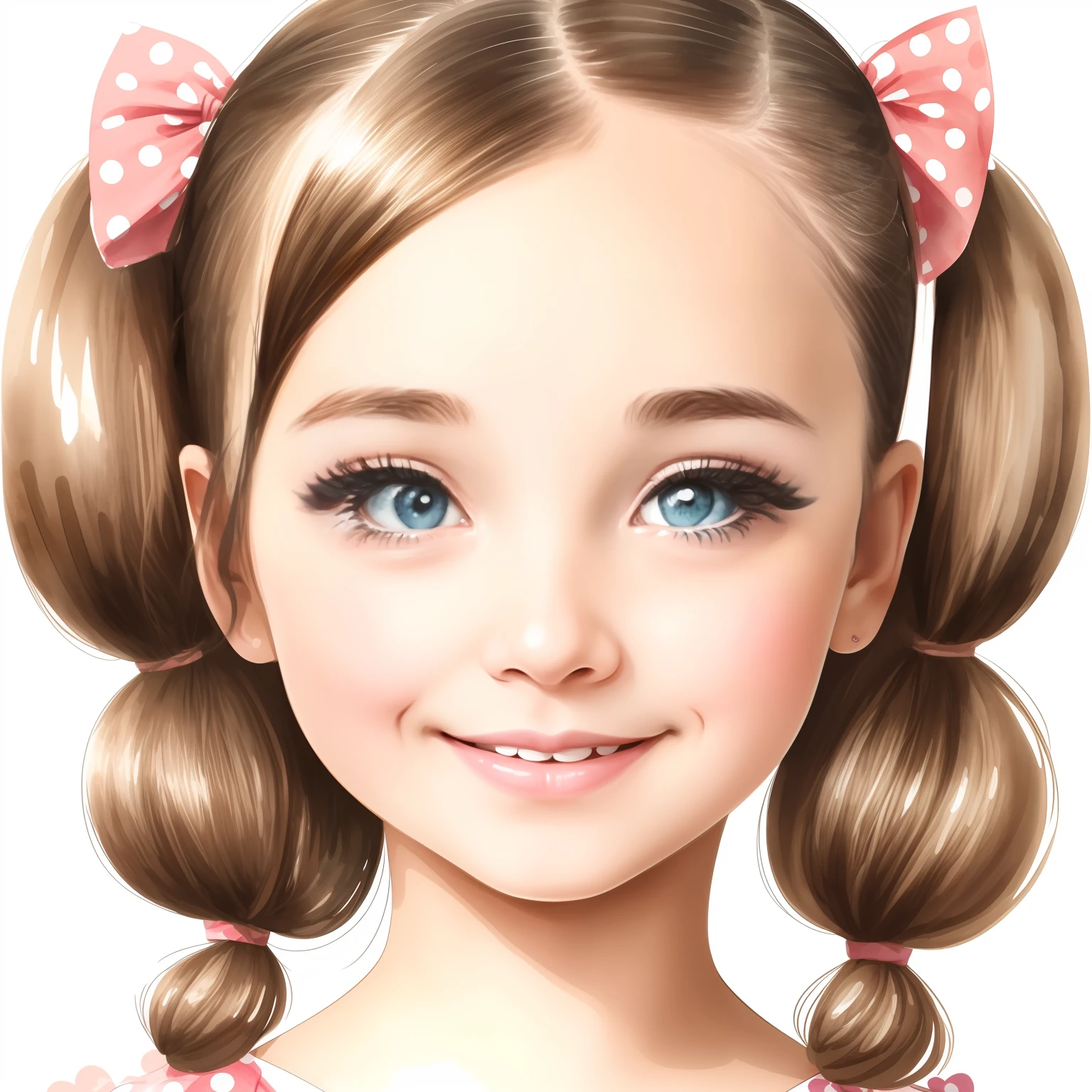 The most beautiful girl with pigtails, Detailed polka dot dress, Detailed traced face , big expressive eyes, fondness, joying, Drawing, watercolour