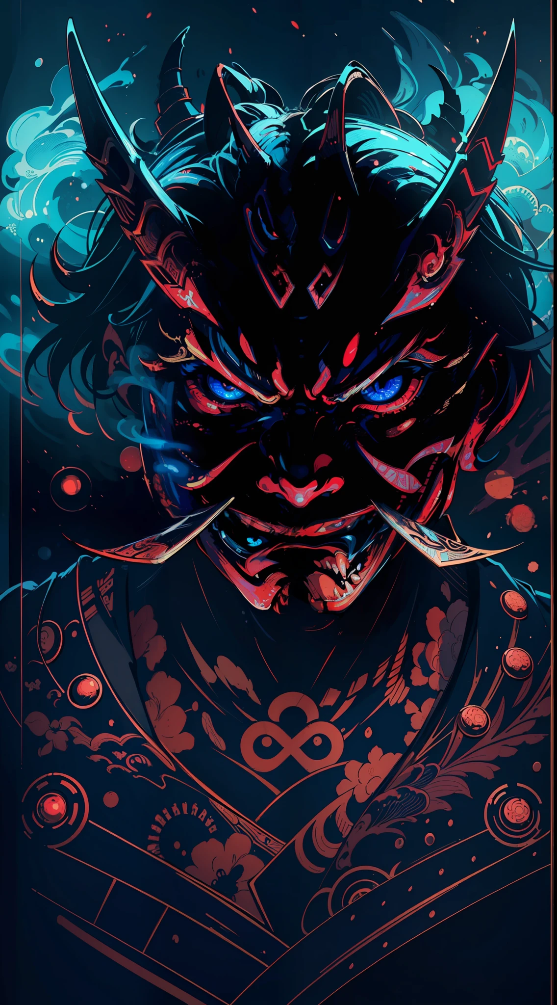 (((Masterpiece))),(((Best quality))),(((Amazing detail))),((illustration)),((A high resolution)),((8K)),red Hannya mask,cold tone,cool,Blue Ambiance,jump,function style,dark style,dark fantasy,angry,realistic,midnight,chiaroscuro,bokeh,cyberpunk,Japanese,samurai,intricate pattern,lit. blue smoke from the mouth
