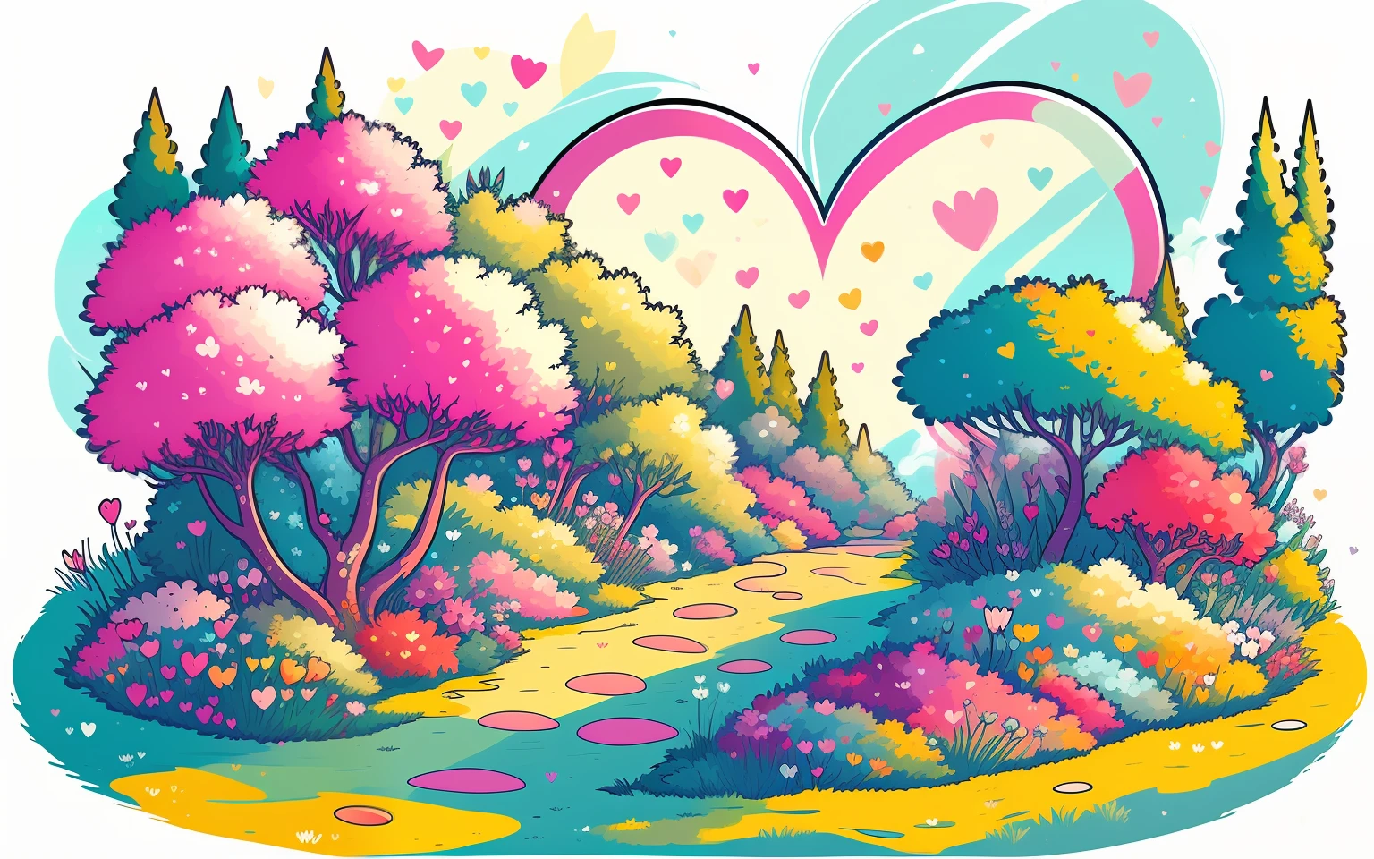 Arte vectorial de un lindo mounstruo kawaii en un jardin, Flores y corazones , filigranas, Destellos, colorido, calido, minimlista, libro para colorear,