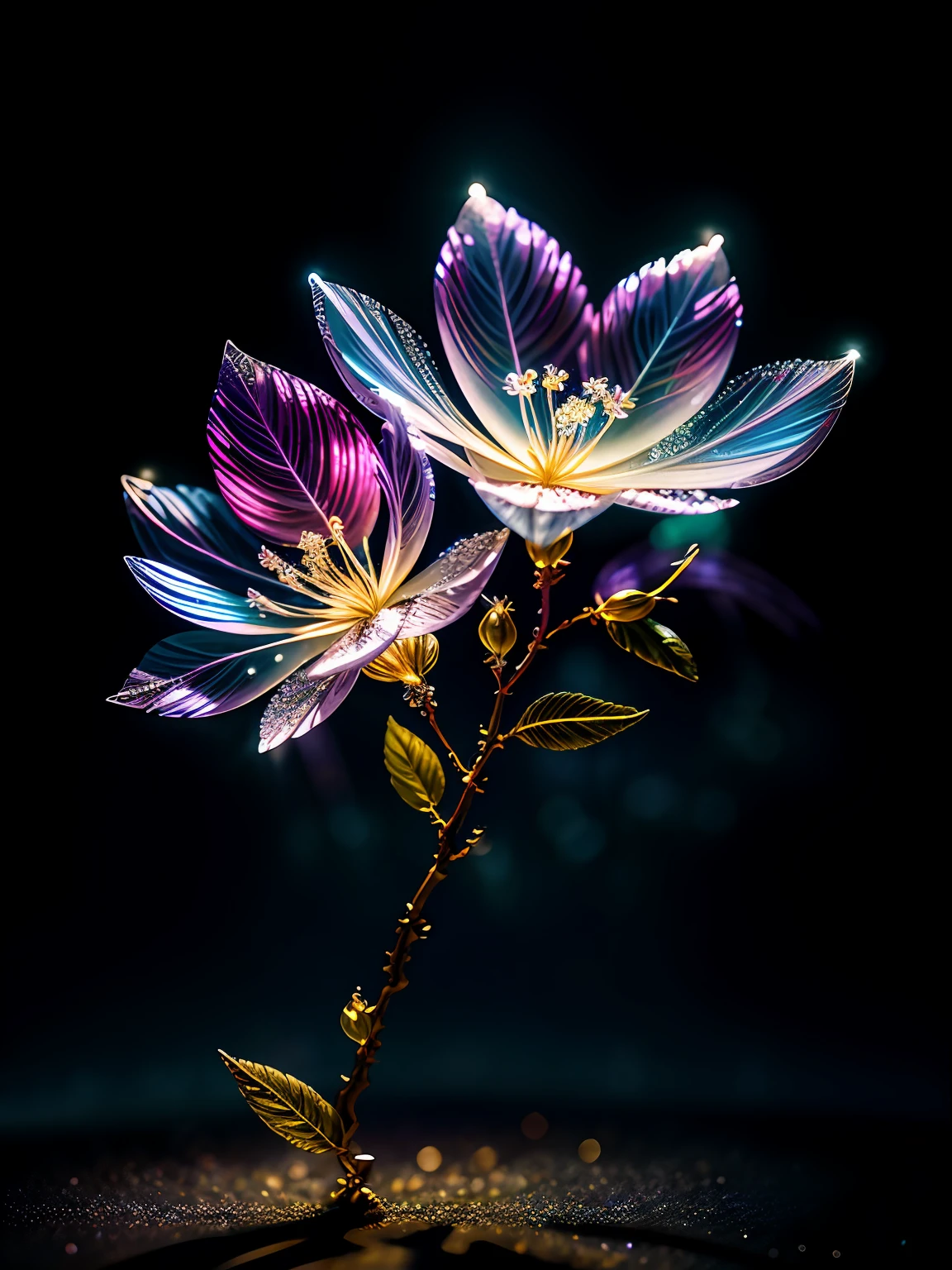 branch of delicate lilac flowers, super transparent, holy light, beautiful spectral light, petals glow, flashing, dark background, drops of transparent light, reflective light, bright, light streaming in, optics, portrait profile, sharp focus, magical, intricate, ultra realistic, fantasy, composition, light, trend on artstation, pearl, patronus cloud of silvery vapor, corrosive enveloping ray family, 8k, ureal ar 23v4 uplight