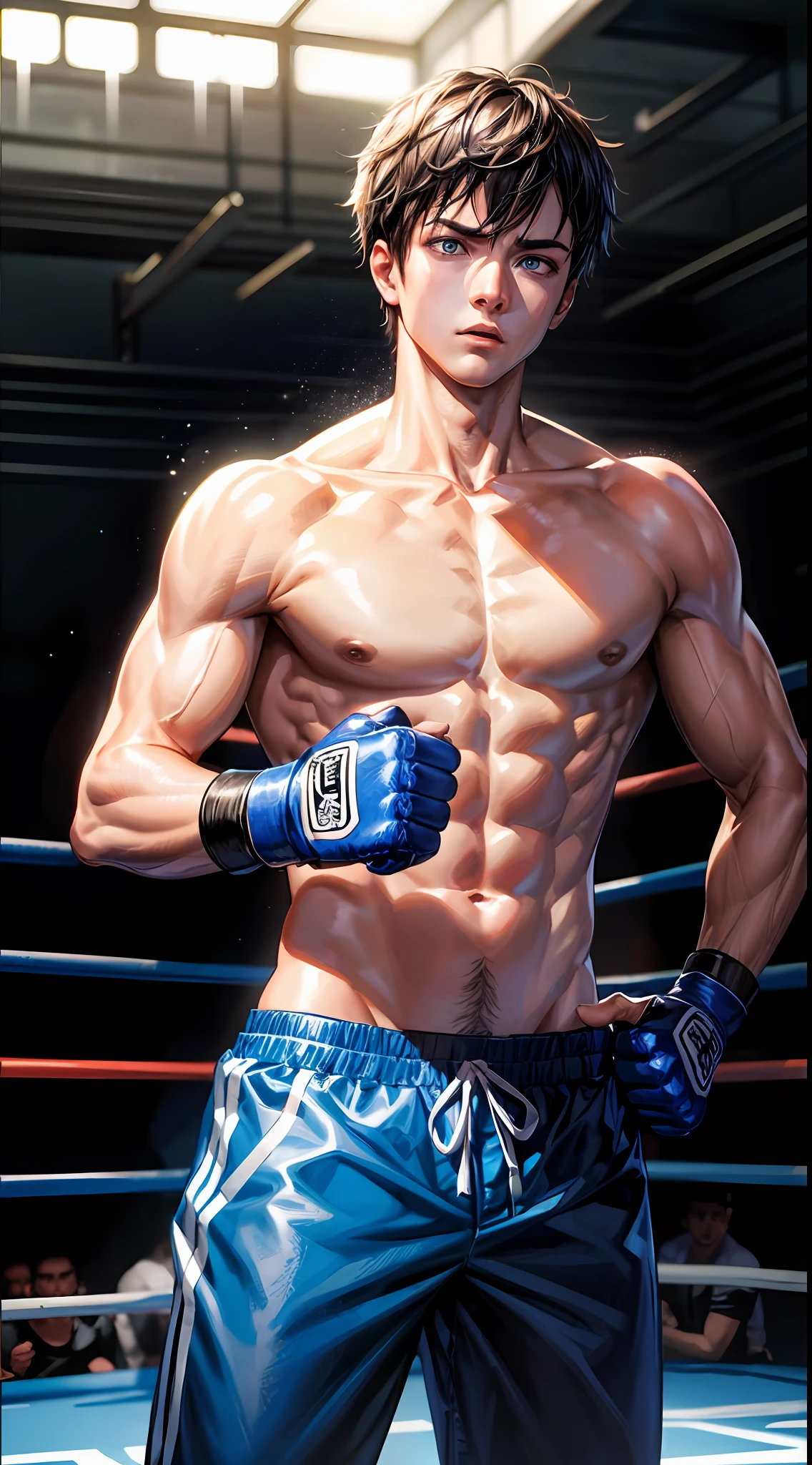 hyper-detailing,A high resolution,hyper-detailing,best qualtiy,,top Quority,cinmatic lighting,Fight Club,Match site。1 boy wearing blue boxing pants,Wait calmly and confidently for the game to begin
