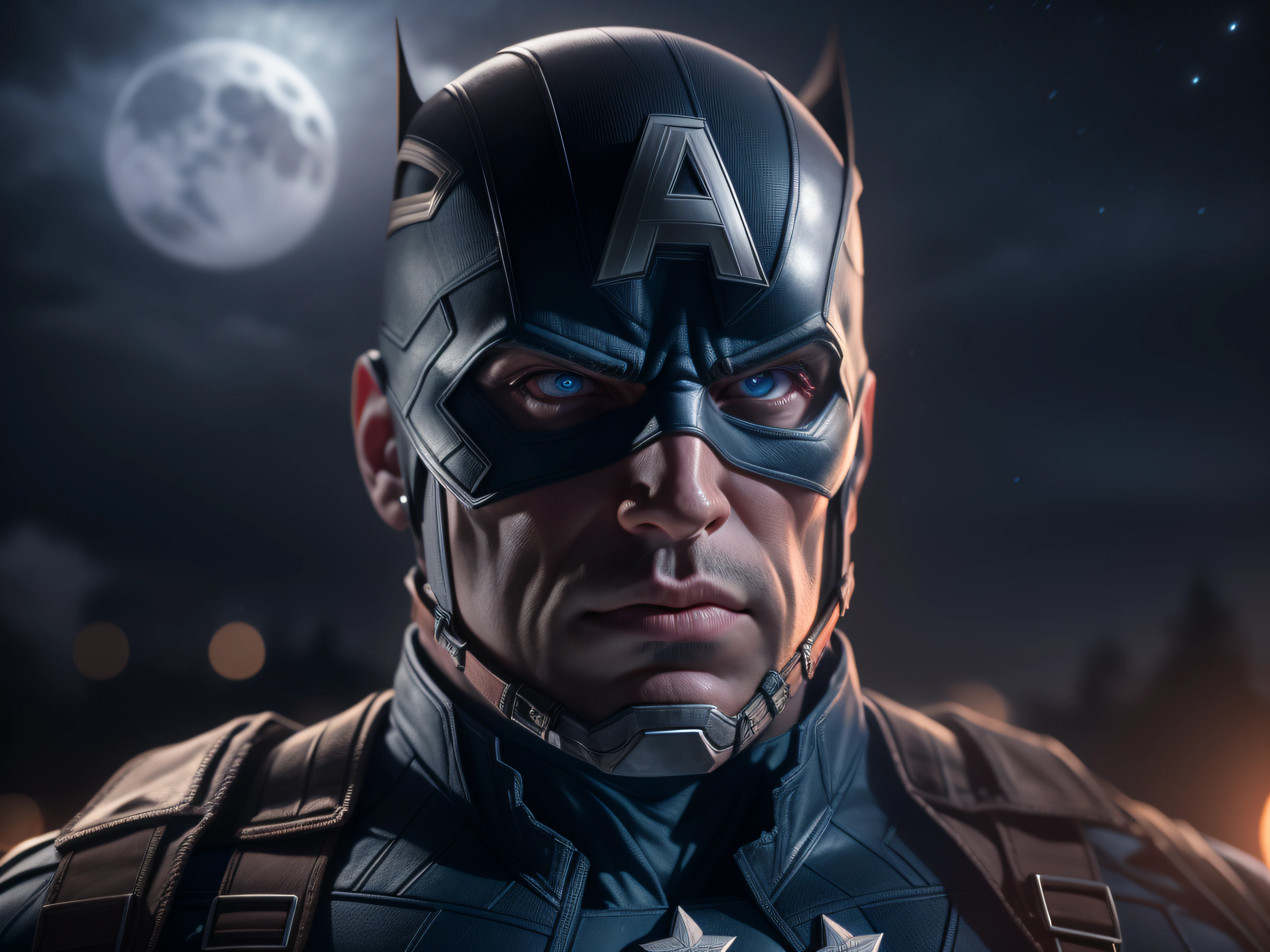 Close a powerful threat, The imposing appearance of the mighty Captain America, menacing stare, ricamente detalhado, Hiper realista, 3D-rendering, obra-prima, NVIDIA, RTX, ray-traced, Bokeh, Night sky with a huge and beautiful full moon, estrelas brilhando, 8k,