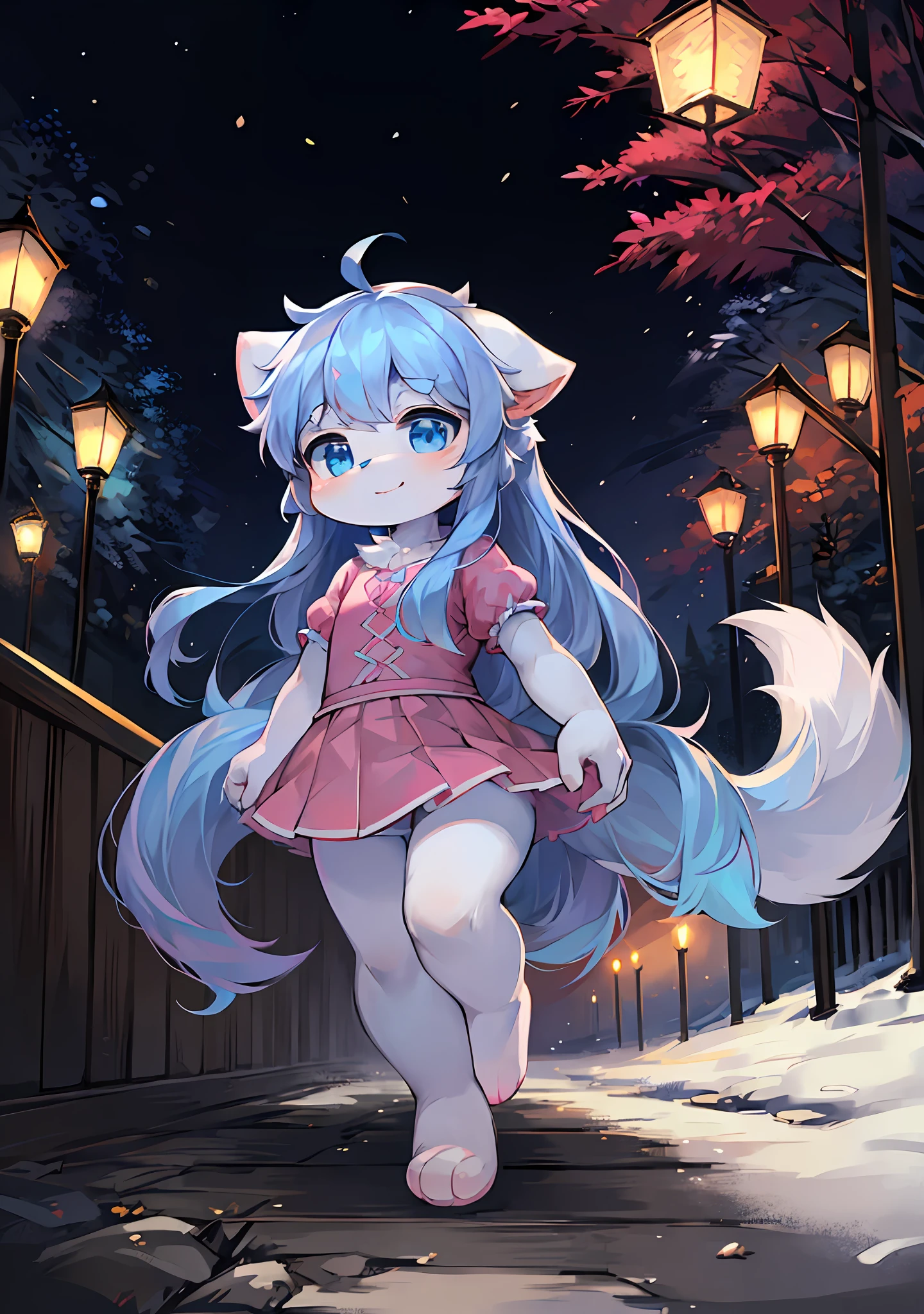 Furry girl,Fluffy tail,blue color eyes,Emphasis on white fur,Delicate fur,Cute toddleShort pink skirt,Young,Petite and cute emphasis,Walking posture,Detailed characters,A smile on his face(1.2),Pink meat pad,Enhance long-haired animals(1.2),the night,borgar(1.1)。