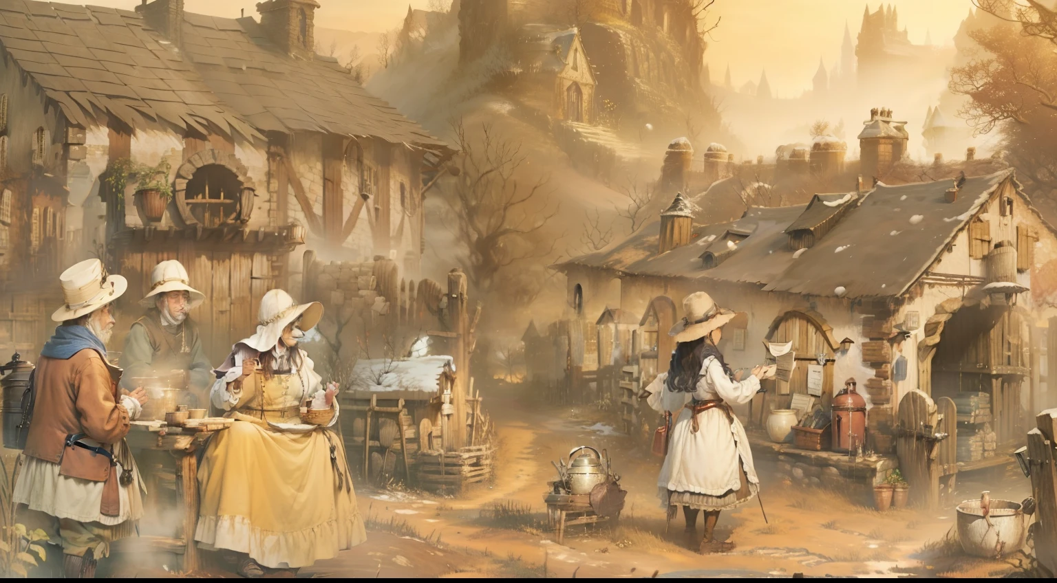 A scene from a pre-Industrial Revolution village, anos de 1700, Inglaterra, pessoas realizando tarefas manuais simples como lavrar campos, costurar roupas ou cozinhar em fogueiras ao ar livre. Life is presented at a slow pace, limited by the seasons and the natural resources available.