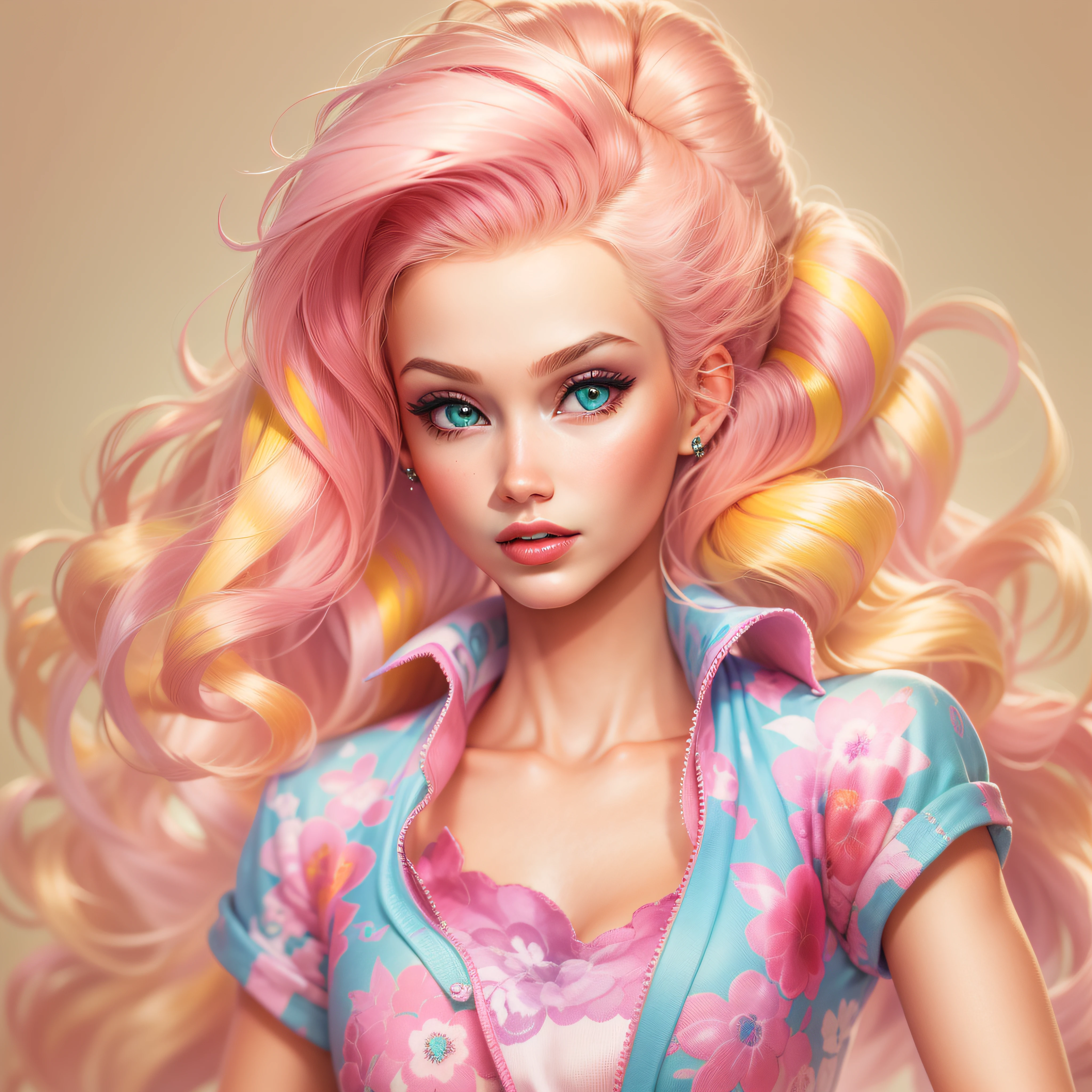 ((masterpiece)),(best quality),(detailed),(1barbie girl), yellow hair, blue glowing eyes, Updo, pink shirt, pink skirt, looking down on the viewer