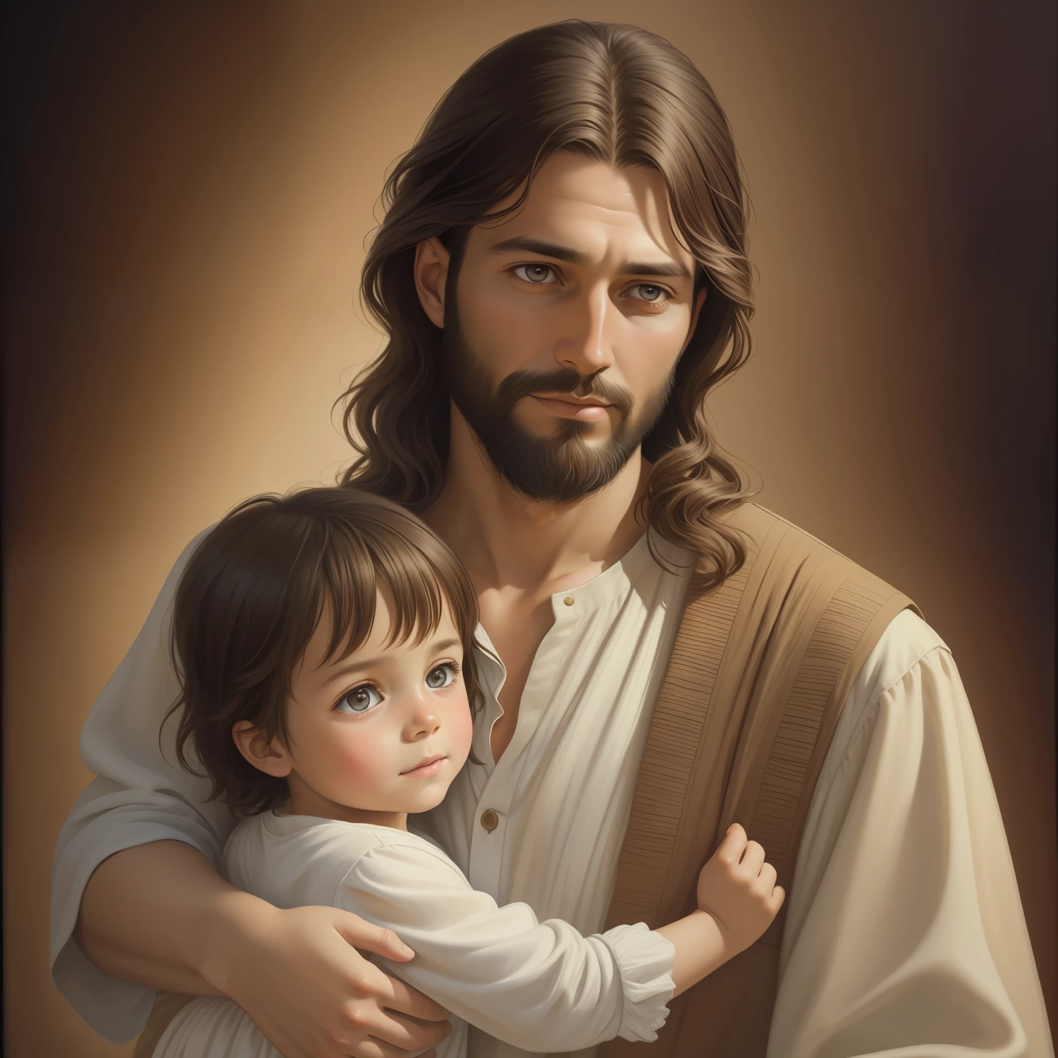 A beautiful ultra-thin realistic portrait of Jesus, the prophet, a man 33 years old Hebrew brunette, short brown hair, long brown beard, with hug child in hand, wearing long linen tunic closed on the chest part, in front view, full body, biblical, realistic,by Diego Velázquez,Peter Paul Rubens,Rembrandt,Alex Ross,8k, Concept Art, PhotoRealistic, Realistic,  Illustration, Oil Painting, Surrealism, HyperRealistic, huging child , Digital art, style, watercolor, natural background