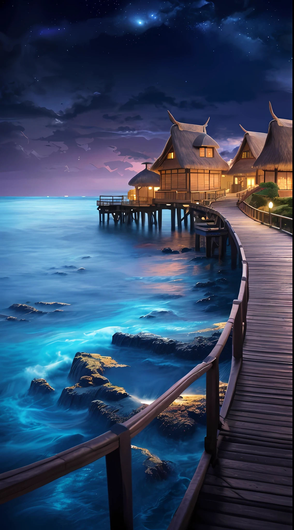 Night scene leading to a pier with thatched roof beachfront villas, amazing wallpapers, Beautiful wallpaper, background artwork, scenery wallpaper, 4K HD wallpapers very detailed, wallpaper hd, nighttime scene, amazing background, beautiful detailed background, Anime background art, wallpaper hd, 4 k hd wallpaper illustration, 4k highly detailed digital art, Beautiful art UHD 4 K