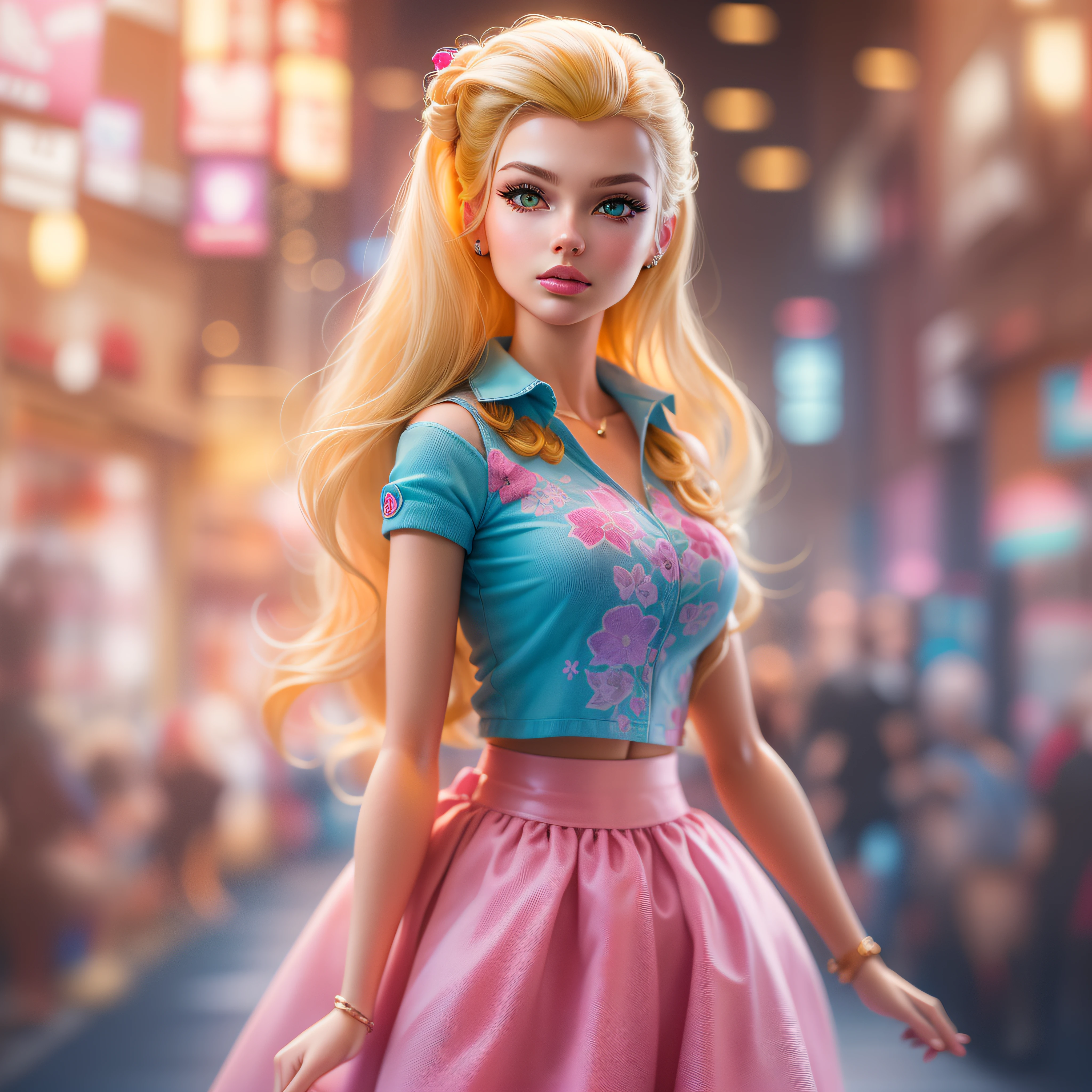 ((masterpiece)),(best quality),(detailed),(1barbie girl),  yellow hair, blue glowing eyes, Updo, pink shirt, pink skirt, looking down on the viewer