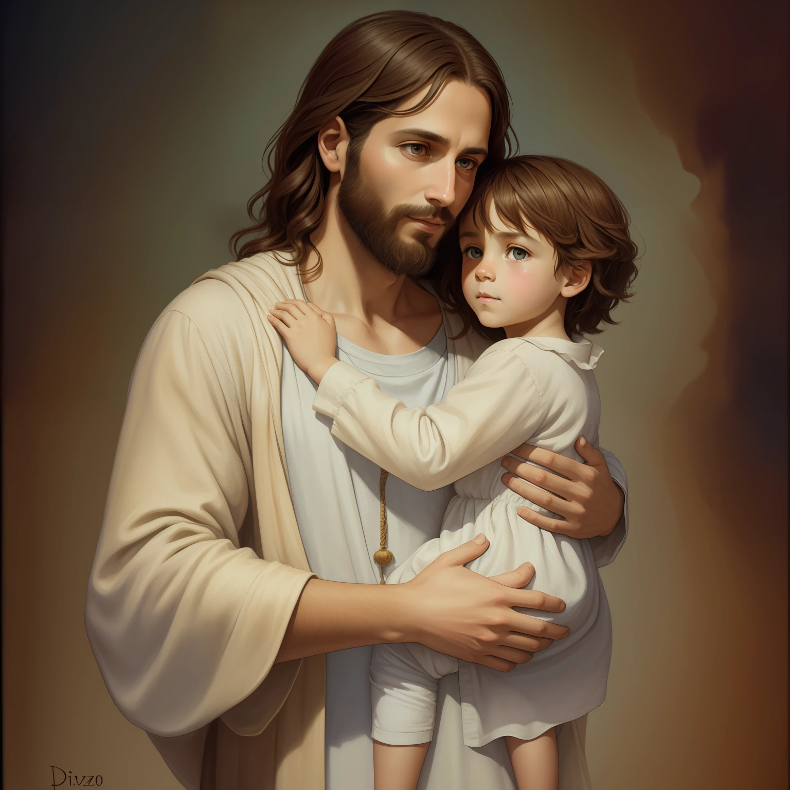 A beautiful ultra-thin realistic portrait of Jesus, the prophet, a man 33 years old Hebrew brunette, short brown hair, long brown beard, with hug child in hand, wearing long linen tunic closed on the chest part, in front view, full body, biblical, realistic,by Diego Velázquez,Peter Paul Rubens,Rembrandt,Alex Ross,8k, Concept Art, PhotoRealistic, Realistic, Illustration, Oil Painting, Surrealism, HyperRealistic, huging child , Digital art, style, watercolor, natural background