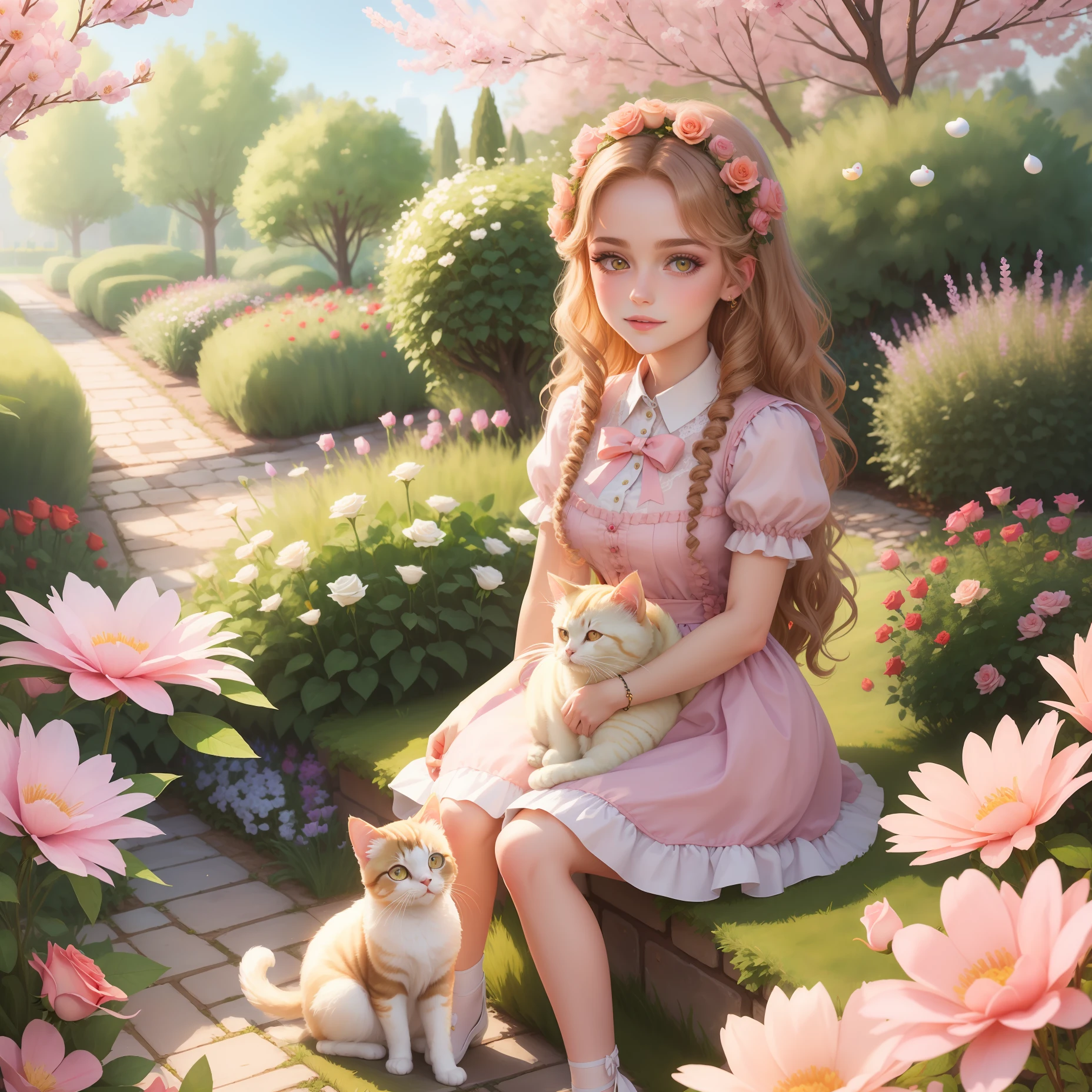 ，Noble maiden，trpical garden，A swing full of roses，White super gorgeous medieval lolita，Rose wreath，Long blond waist curly hair，Peach blossom eyes，The eyes are lilac，Goose egg face，The garden is full of roses，There is a lawn，Next to the maiden was a Persian cat