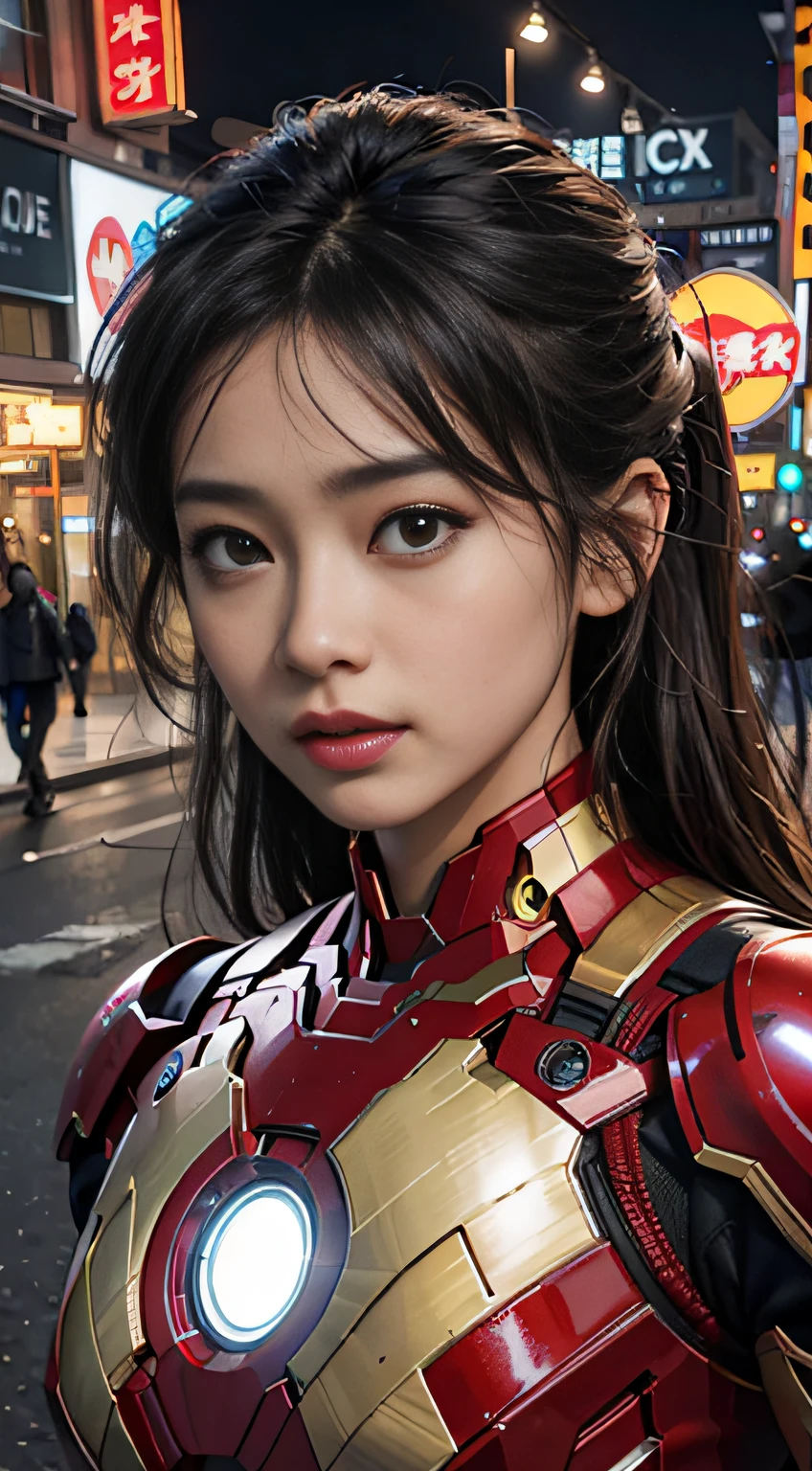 Iron Man，a asian beauty，City scene，4K，photorealestic，movie picture quality，Night filter
