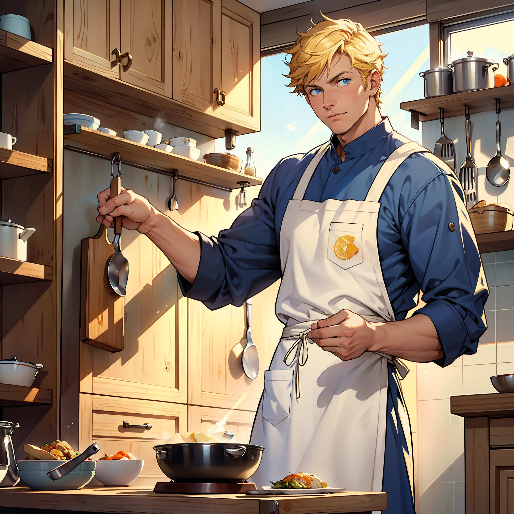 "detailed, a man with blue eyes in a yellow apron in a light-colored, sunlit kitchen, cooking amidst a wooden pantry, capturing the essence of a professional kitchen and the art of food preparation, with a bowl of soup on his hands."