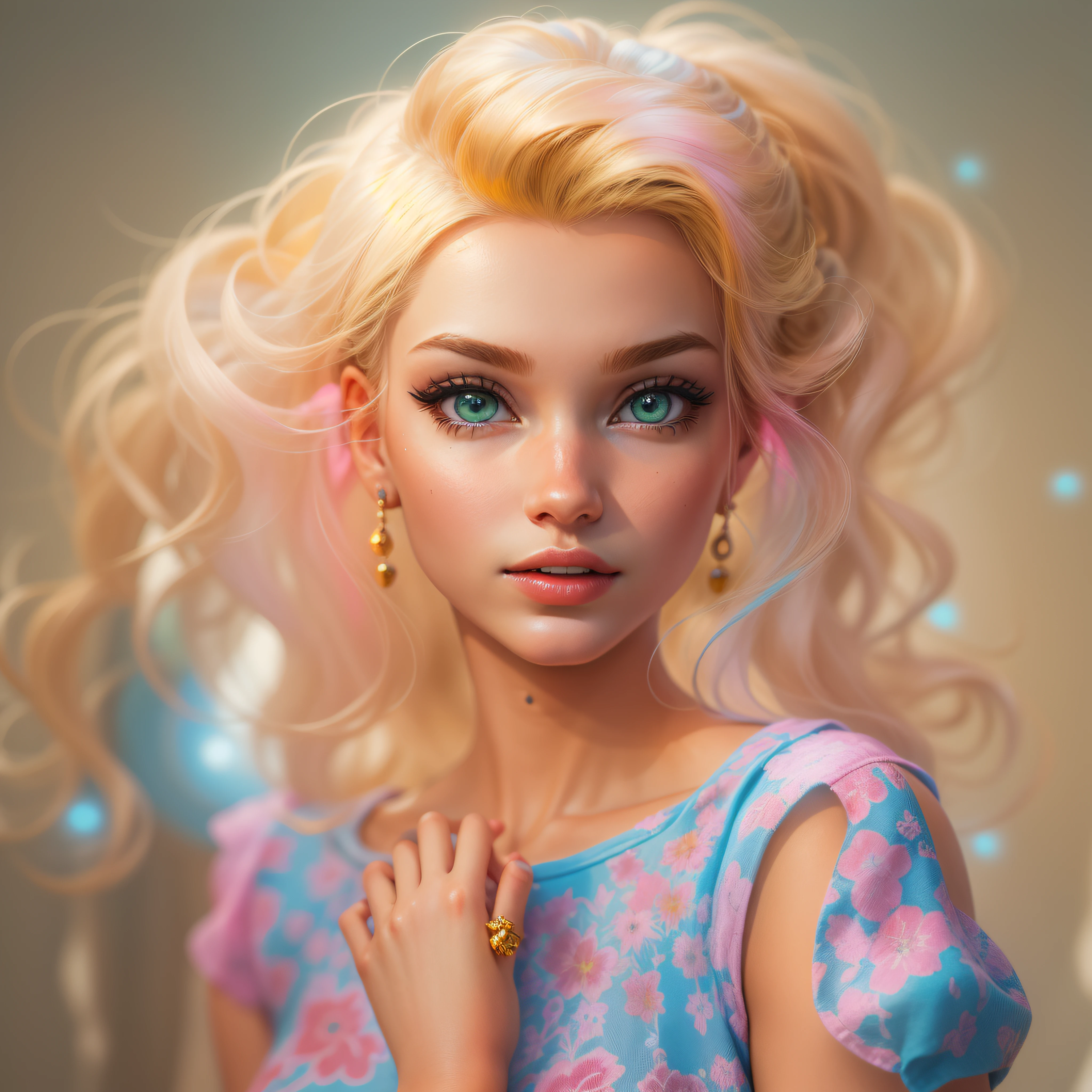 ((masterpiece)),(best quality),(detailed),(1barbie girl), yellow hair, blue glowing eyes, Updo, pink shirt, pink skirt, looking down on the viewer