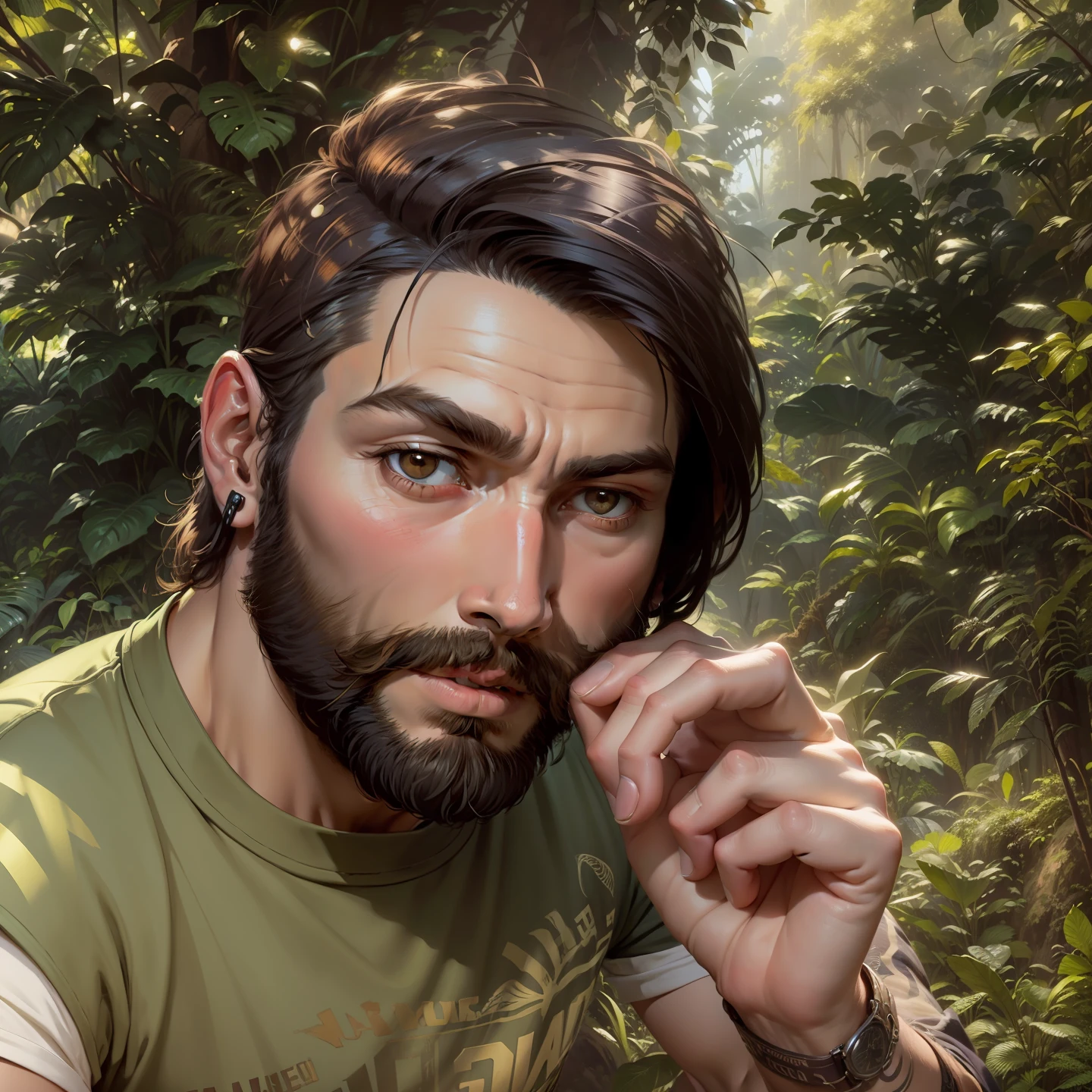 Change this background.Masterpiece, award winning portrait of a bearded hipster explorer in a Jungle by Syd Mead, cold color palette, muted colors, detailed, 8k. realistic face. ultra realistic