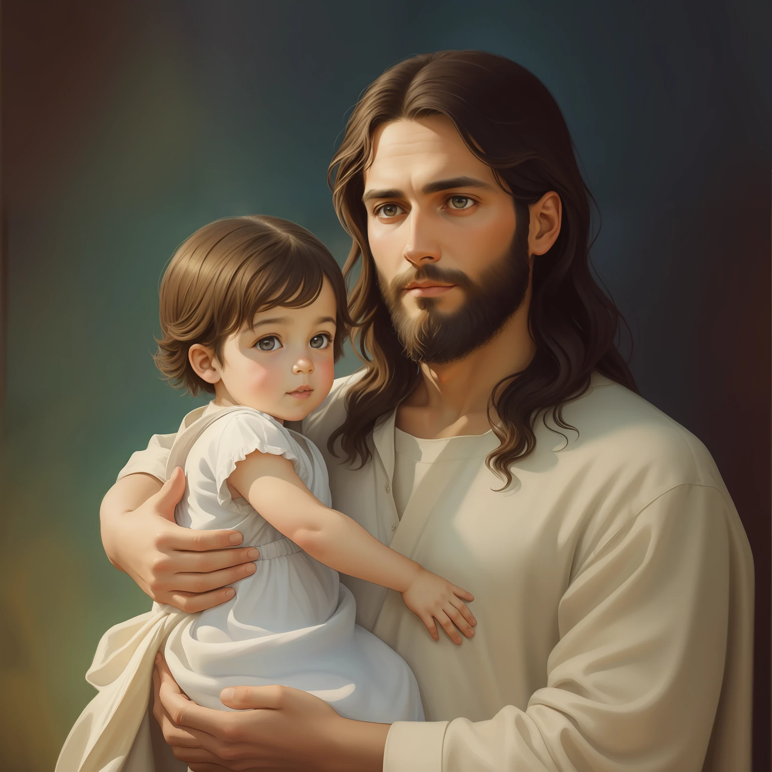 A beautiful ultra-thin realistic portrait of Jesus, the prophet, a man 33 years old Hebrew brunette, short brown hair, long brown beard, with carry child in hand, wearing long linen tunic closed on the chest part, in front view, full body, biblical, realistic,by Diego Velázquez,Peter Paul Rubens,Rembrandt,Alex Ross,8k, Concept Art, PhotoRealistic, Realistic, Illustration, Oil Painting, Surrealism, HyperRealistic, carry child s, Digital art, style, watercolor