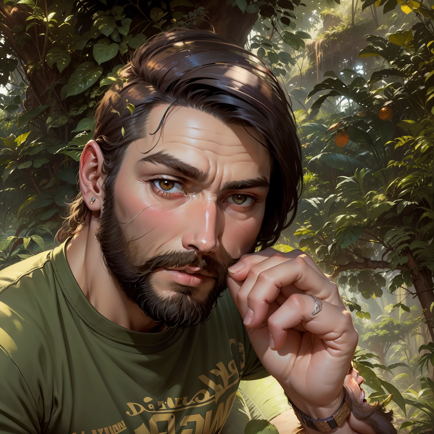 Change this background.Masterpiece, award winning portrait of a bearded hipster explorer in a Jungle by Syd Mead, cold color palette, muted colors, detailed, 8k. realistic face. ultra realistic