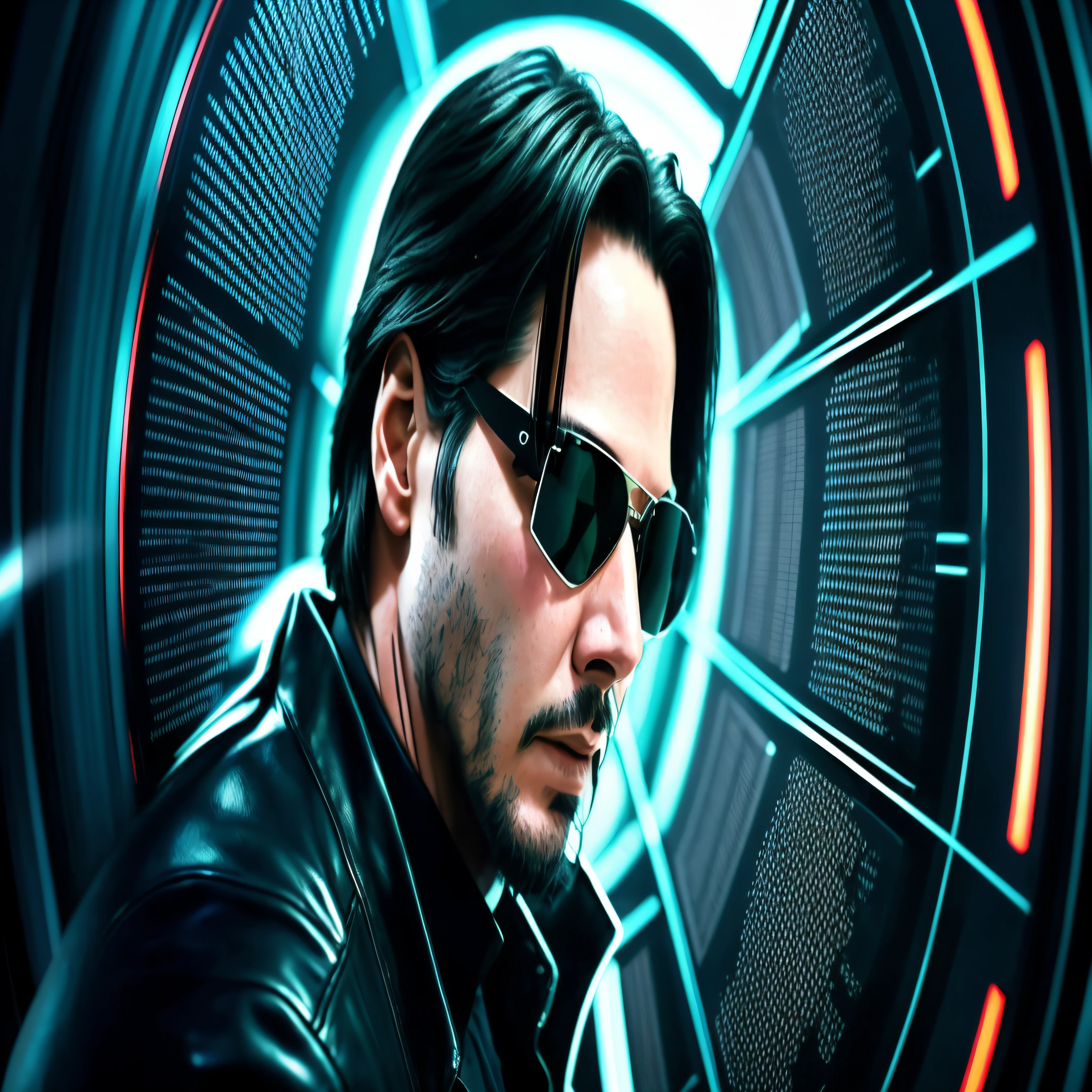 Image of a man in sunglasses and leather jacket, Retrato de Keanu Reeves, Retrato de Neo, HQ 4K papel de parede do telefone, Retrato de um homem cyberpunk, arte cyberpunk ultrarrealista 8k, hq 4k papel de parede, estilo cyberpunk , hiper-realista, Keanu Reeves, neo da matriz, Keanu Reeves como Homem de Ferro, neo da matriz, no estilo cyberpunk