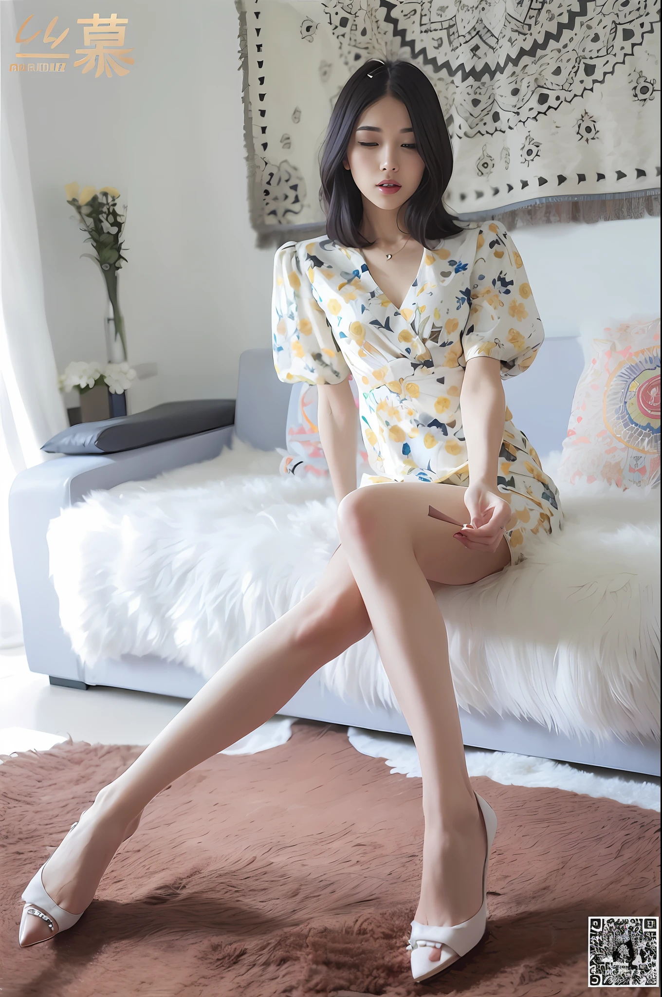 Alafi sat on the bed,White fur carpet and white sofa, very beautiful slim legs, very beautiful long slim legs, full body cute young lady, pretty face with arms and legs, Cheongsam, Long legs, Beautiful slim legs, Long thin legs, dressed in a flower dress, floral clothes, Good hips and long legs, Femme