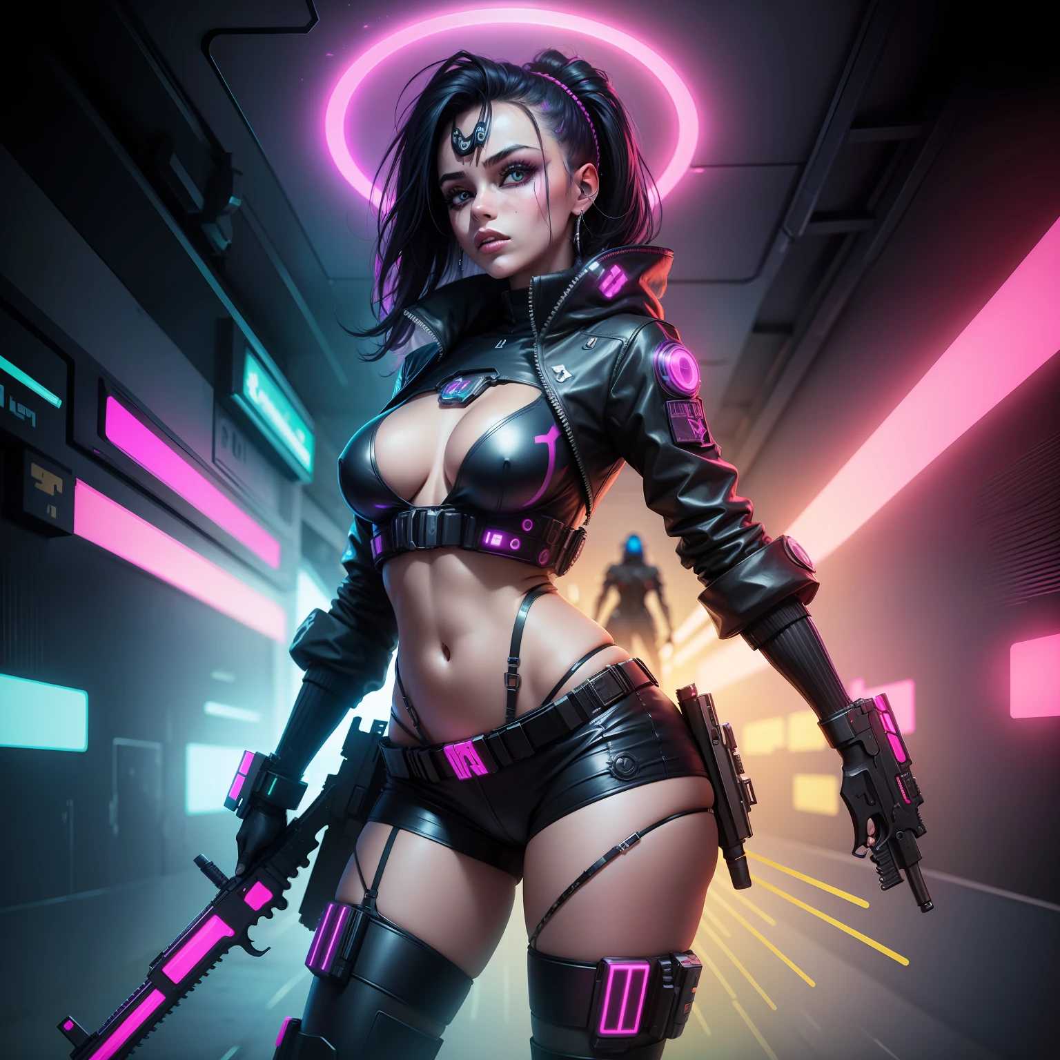 Mulher com roupa cyberpunk, com armas, psychedelic neon background