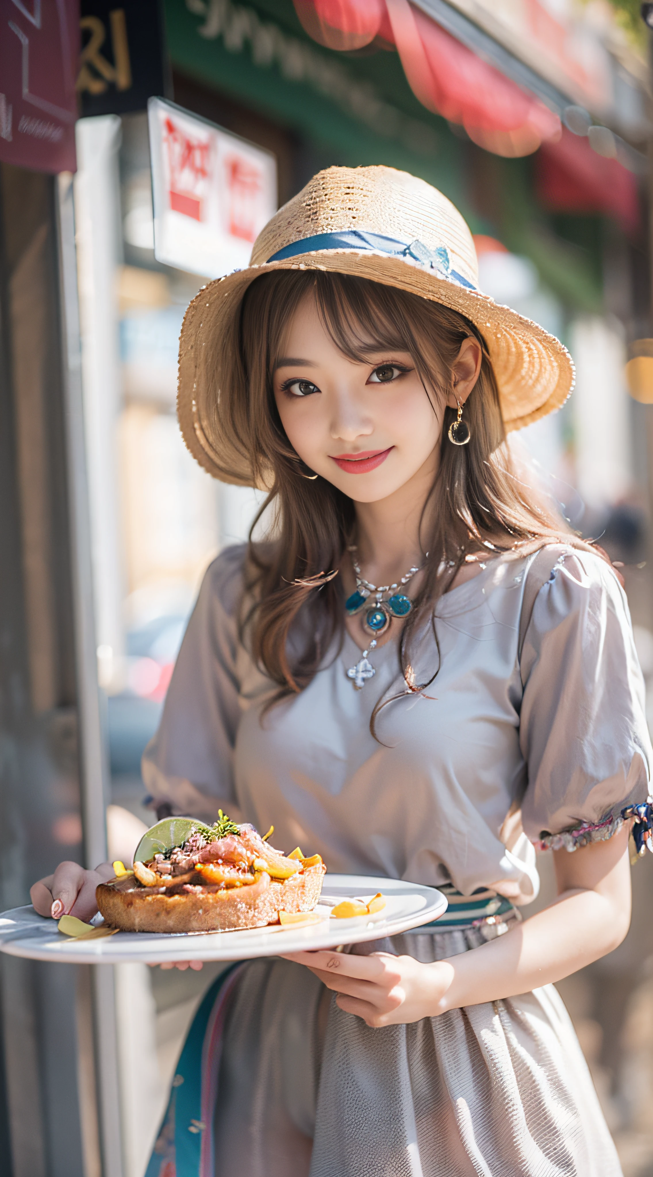 Sophisticated、masterpiece、beautiful detail、Colorful and fine details、Delicate lips、intricate detailes、Colossal tits、1 female、(a beautiful 20-year-old cute Korean woman:1.1)、(Kpop Idol、Mixed Korean)、(50mm Sigma f / 1.4 ZEISS Lenses、F1.4、1 / 800 sec、ISO 100、a picture:1.1)、(poneyTail+brown haired:1.2)、(Photorealsitic:1.4)、(Spy:1.2)、(The shirt、a miniskirt、Giel、pantyhose: 1.3)、耳Nipple Ring、a necklace、Beautiful woman sitting on chair with food and drink plate、crossedlegs、Very beautiful slim legs、Sidewalk Cafe、attractive girl、cute young woman(Beautiful legs、modeled:1.2)、Lens flare seen from the front、(Happy smiling face:1.1)、dynamicposes、(makeups:1.2)
