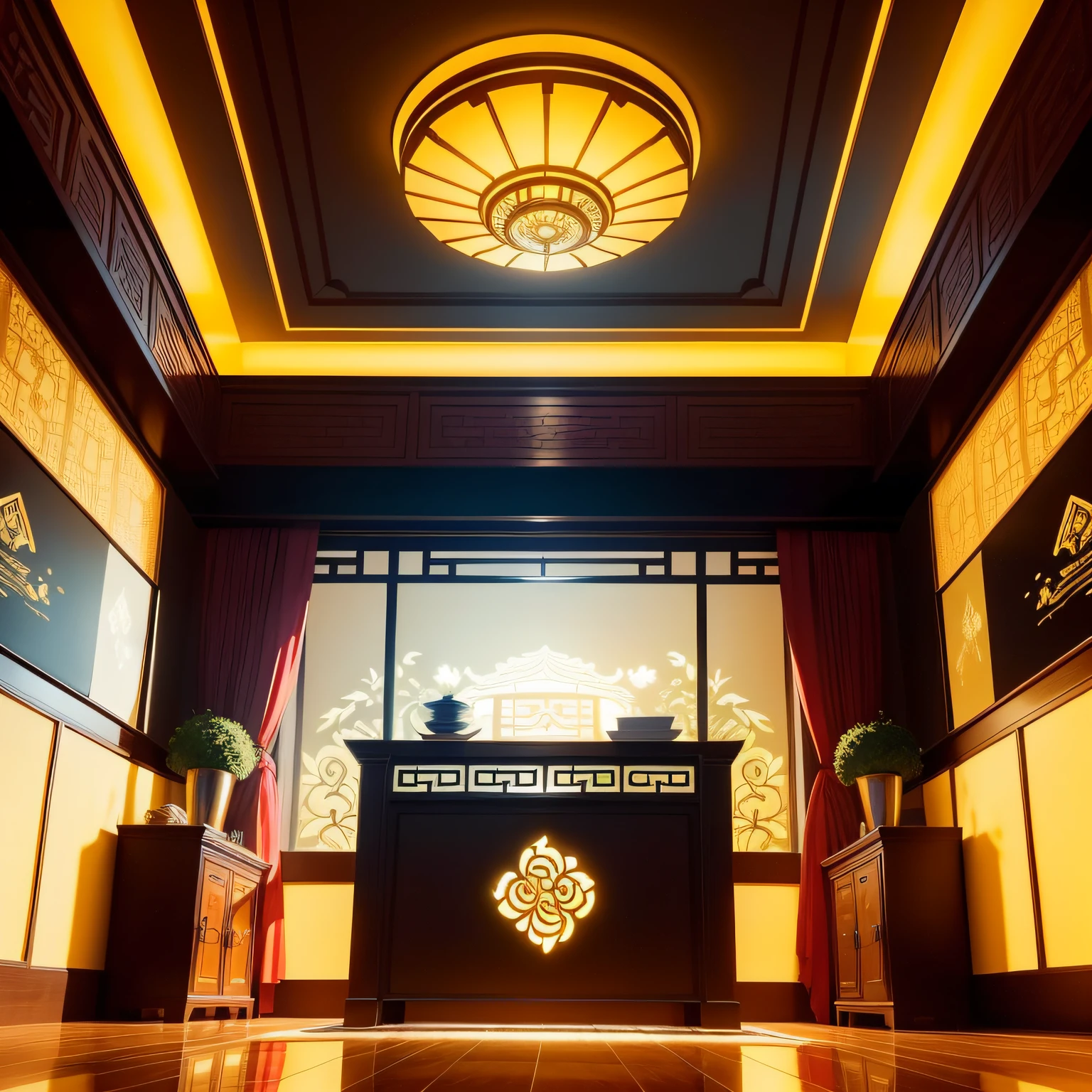 New Chinese light luxury style clubhouse private room，background art deco palace，Finely drawn details，Neon silhouette，3Dmax design，flat linework，mid view，Precise details，made in adobe illustrator，inside stylized border，The atmosphere is comfortable and natural，Yellow screen，Special-shaped ceiling，The rear is a transparent glass window，Light luxury metal lines white latex paint ceiling