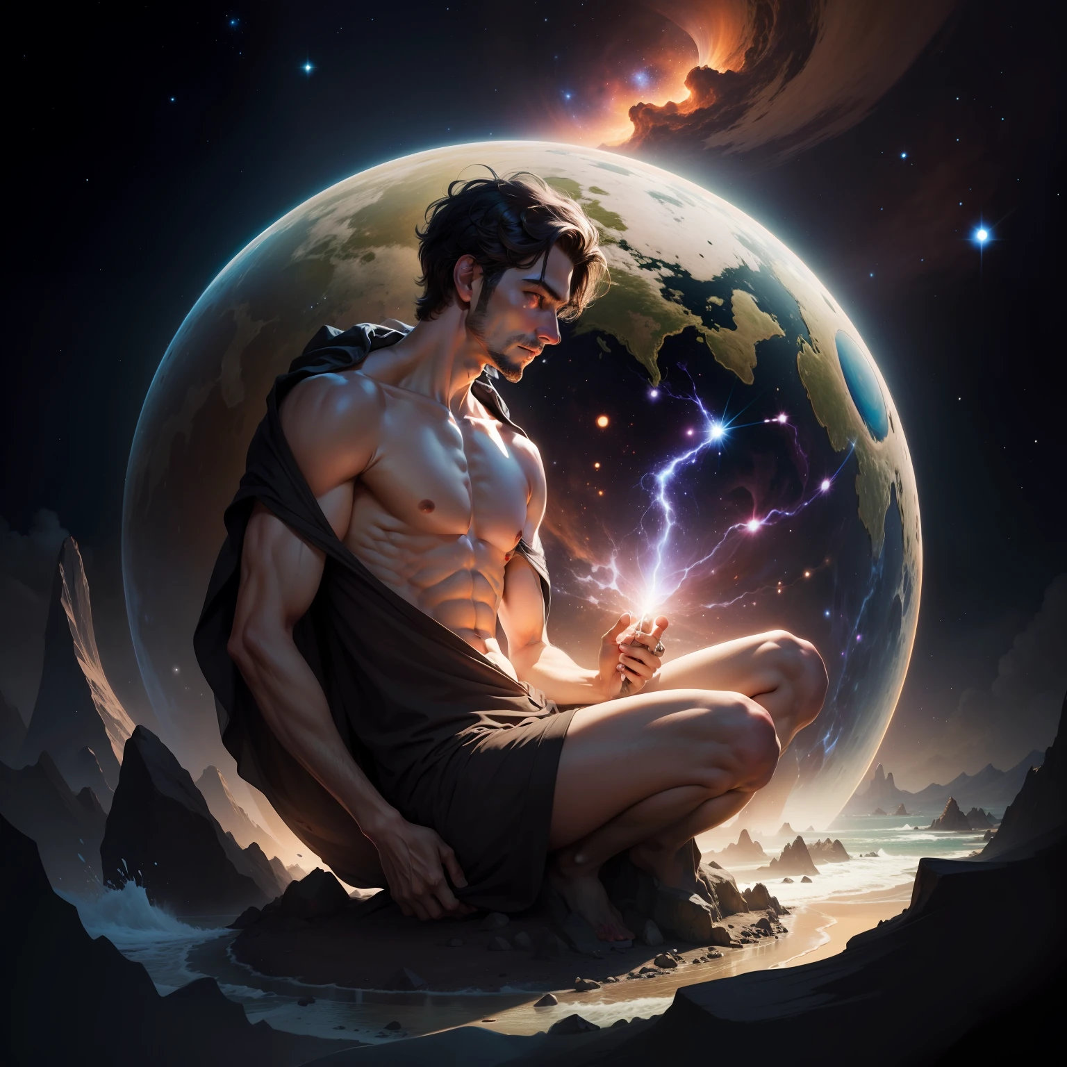 A man on the verge of the creation of the universe, an image close to the natural
