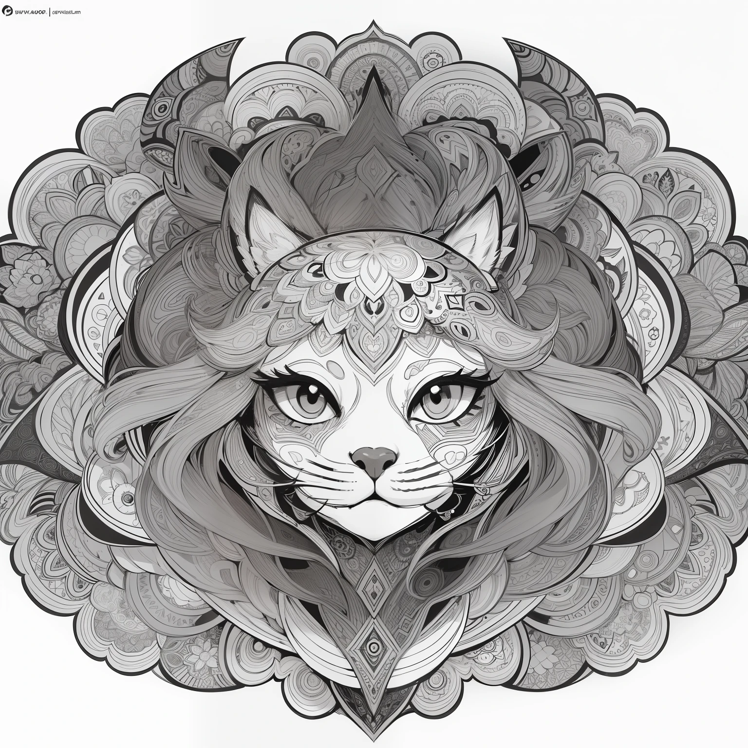 Coloring page for adults, bold lines, dark lines, mandala puppy body, mandala cat face, mandala face, symmetrical, white background, clean line art, fine line art