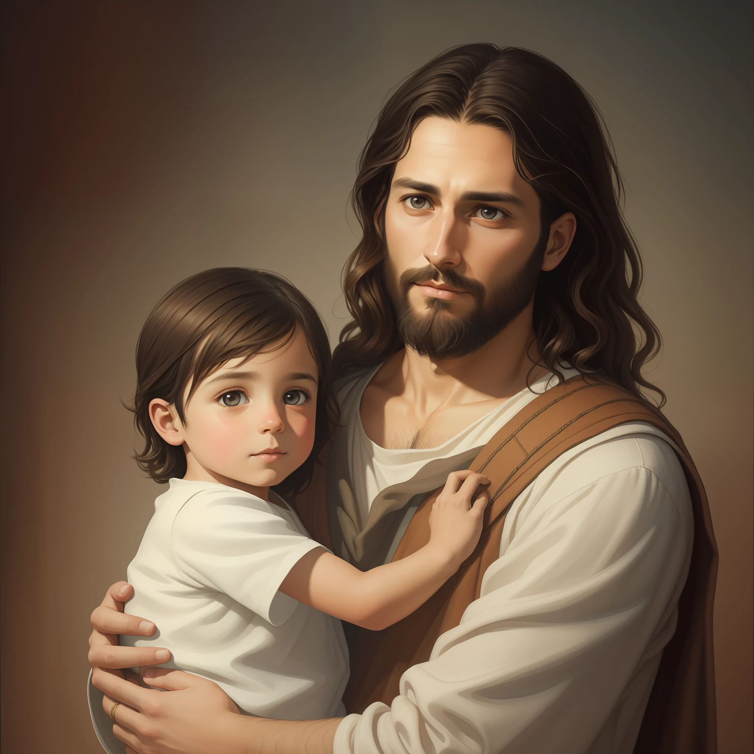 A beautiful ultra-thin realistic portrait of Jesus, the prophet, a man 33 years old Hebrew brunette, short brown hair, long brown beard, with carry child in hand, wearing long linen tunic closed on the chest part, in front view, full body, biblical, realistic,by Diego Velázquez,Peter Paul Rubens,Rembrandt,Alex Ross,8k, Concept Art, PhotoRealistic, Realistic, Illustration, Oil Painting, Surrealism, HyperRealistic, hugging child , Digital art, style, watercolor, natural background