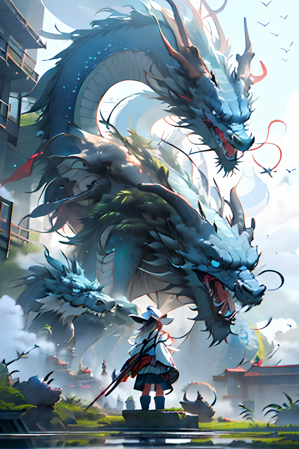 girl, letterboxed, holding, outdoors, bird, standing, cloud, 1boy, weapon, from behind, sky, cloudy sky, animal, holding weapon, eastern dragon, monster, 1other, hat, fog,
