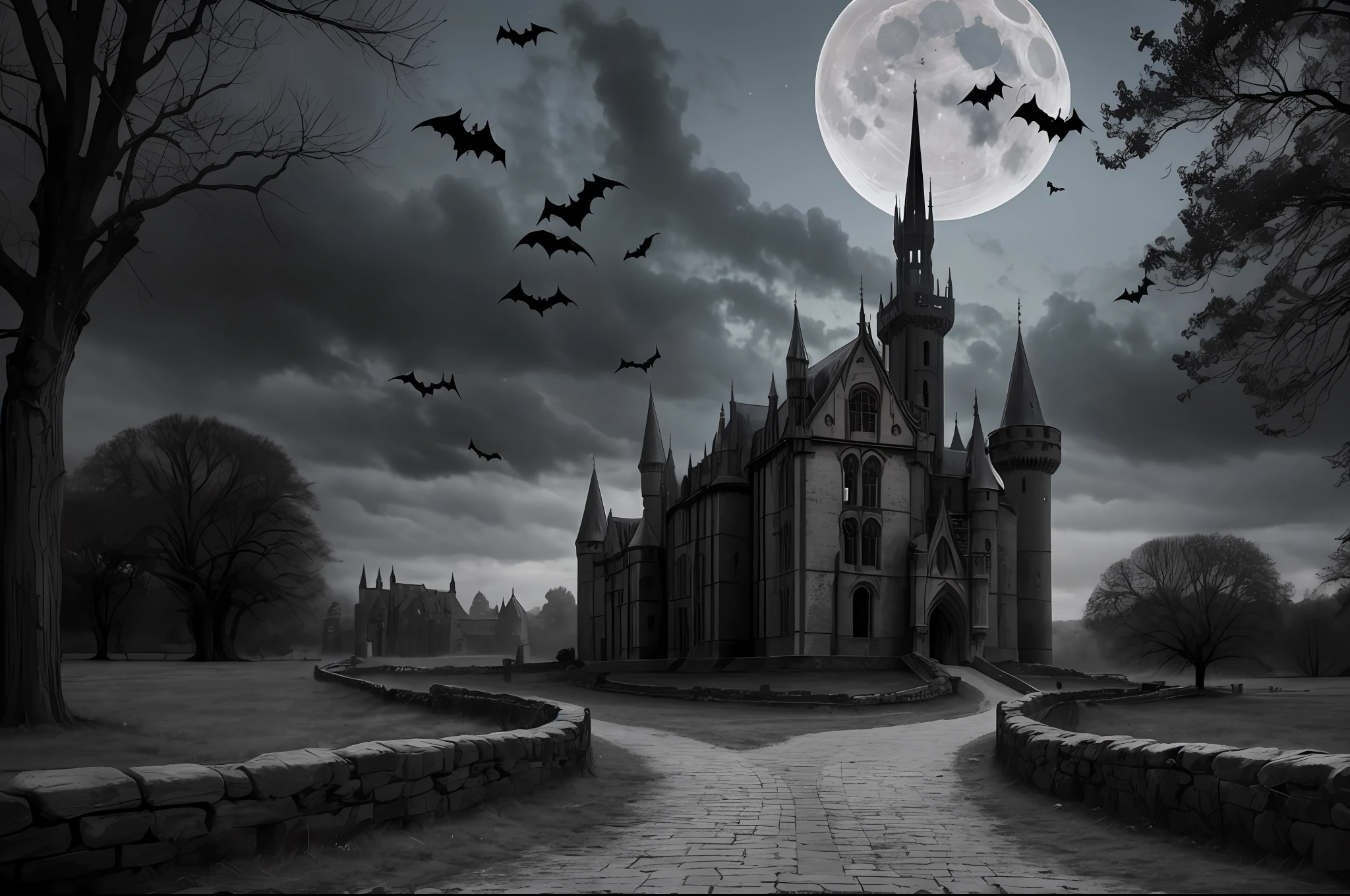 a path leads us to a castle,"((Dark Castle)),bats flutter around it, gothic architecture, eerie atmosphere, eerie lighting, moonlit sky, imposing structure, soaring spires, shadowy figures, ethereal presence, ancient history, secrets hidden within the walls, sinister atmosphere"