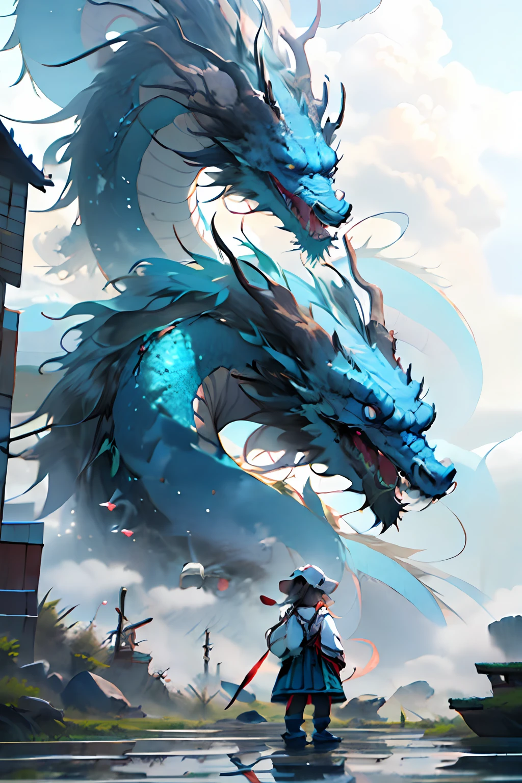 girl, letterboxed, holding, outdoors, bird, standing, cloud, 1boy, weapon, from behind, sky, cloudy sky, animal, holding weapon, eastern dragon, monster, 1other, hat, fog,