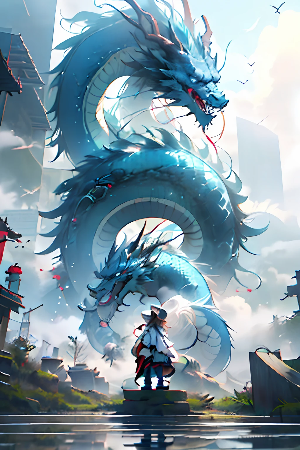 girl, letterboxed, holding, outdoors, bird, standing, cloud, 1boy, weapon, from behind, sky, cloudy sky, animal, holding weapon, eastern dragon, monster, 1other, hat, fog,