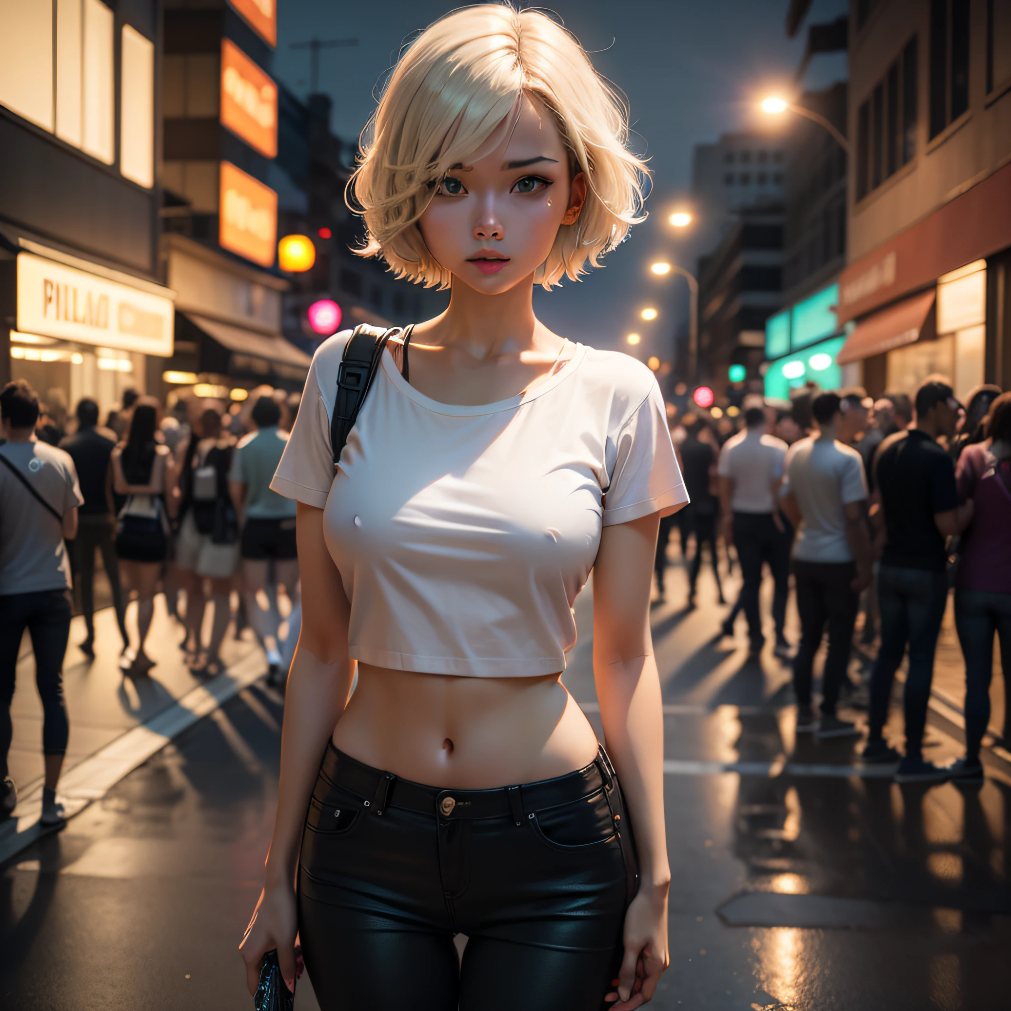 masterpiece, best quality, nsfw, 1girl, platinum blonde, short hair, green eyes, braids, small bubbly breasts, on the street, night, neon, white t-shirt, no bra, black pants, poker face, front view, standing, in the crowd