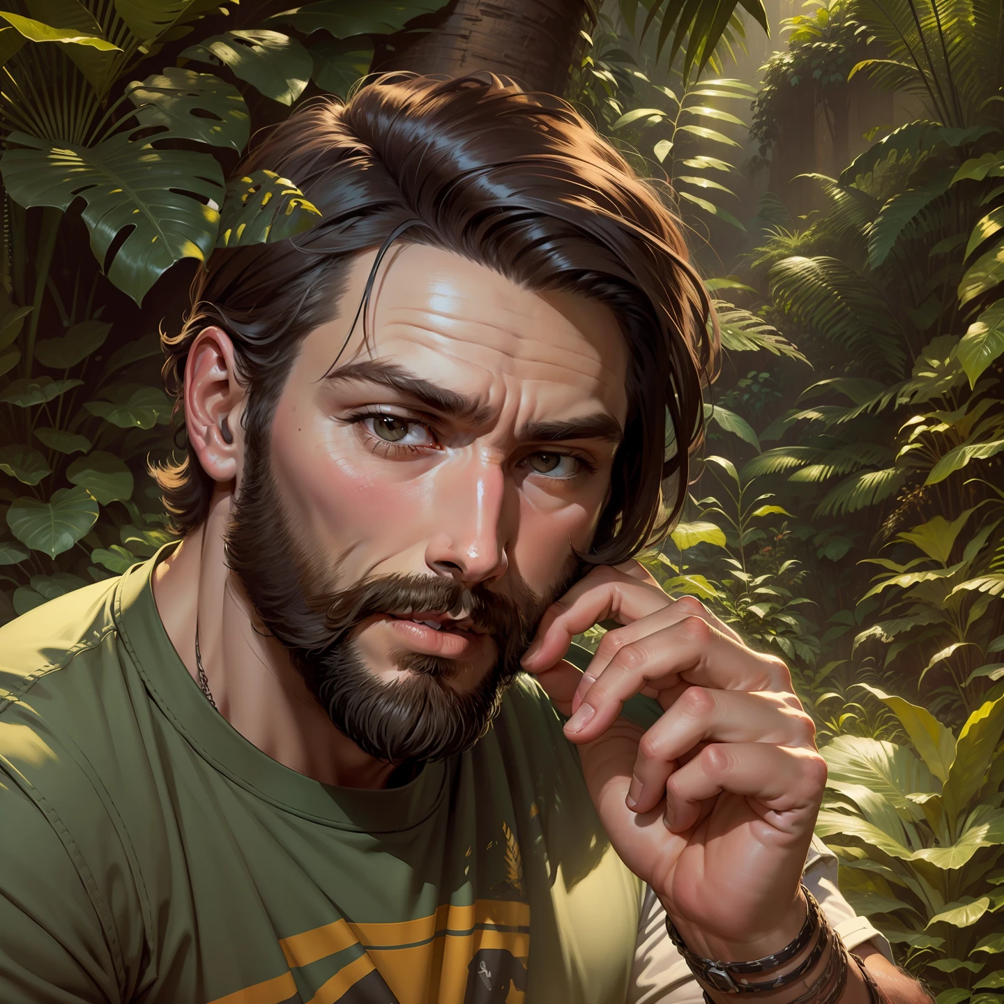 Change this background.Masterpiece, award winning portrait of a bearded 24 year man.hipster explorer in a Jungle by Syd Mead, cold color palette, muted colors, detailed, 8k. realistic face. ultra realistic