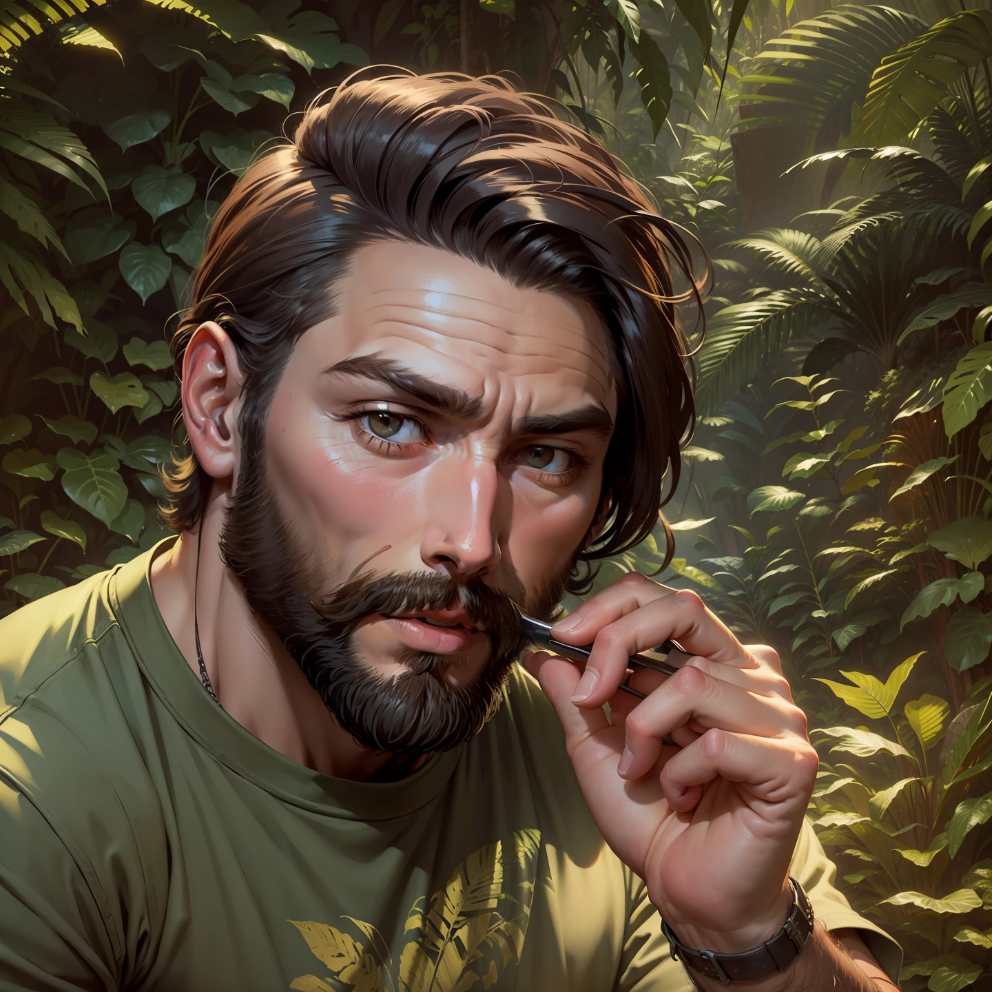 Change this background.Masterpiece, award winning portrait of a bearded 24 year man.hipster explorer in a Jungle by Syd Mead, cold color palette, muted colors, detailed, 8k. realistic face. ultra realistic