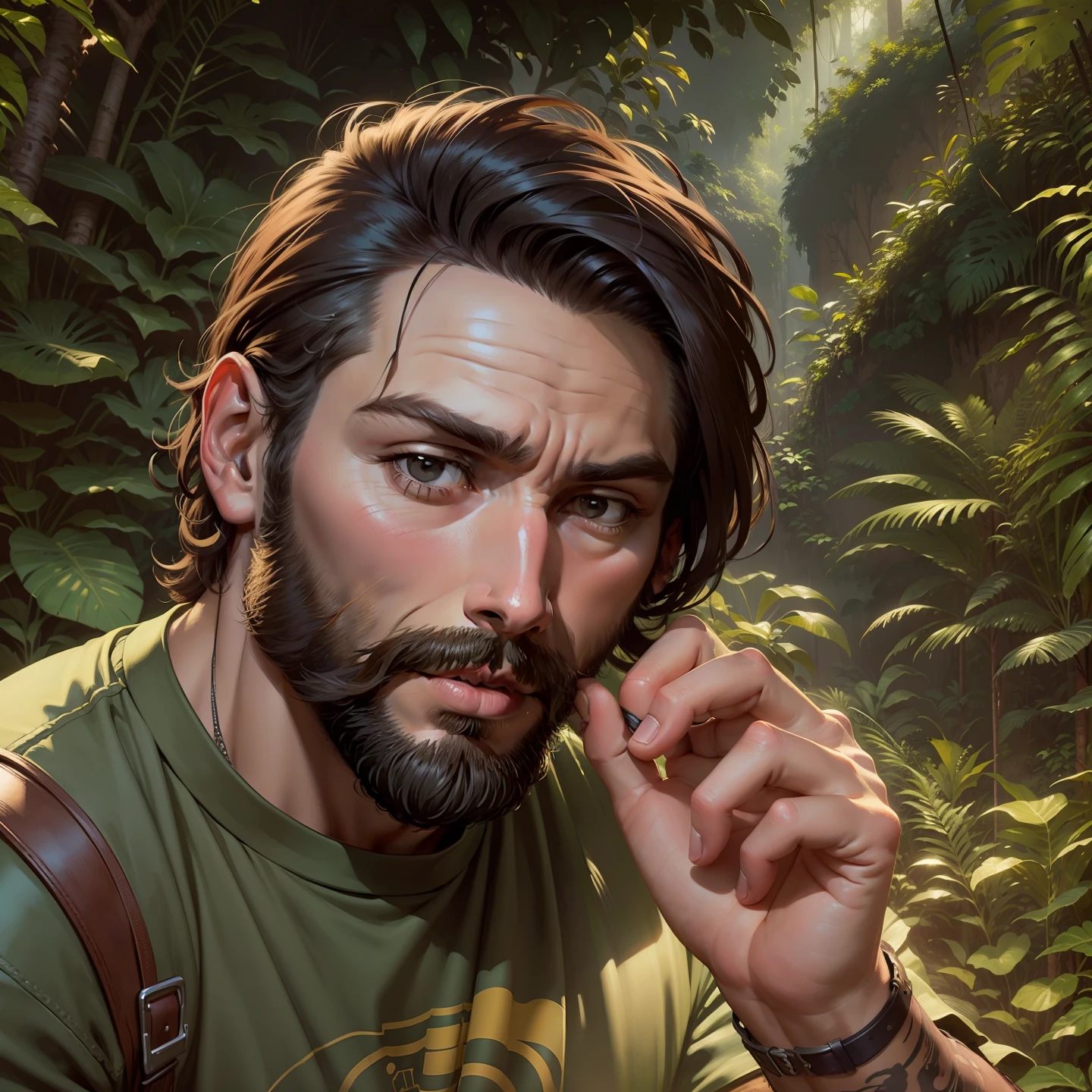 Change this background.Masterpiece, award winning portrait of a bearded 24 year man.hipster explorer in a Jungle by Syd Mead, cold color palette, muted colors, detailed, 8k. realistic face. ultra realistic