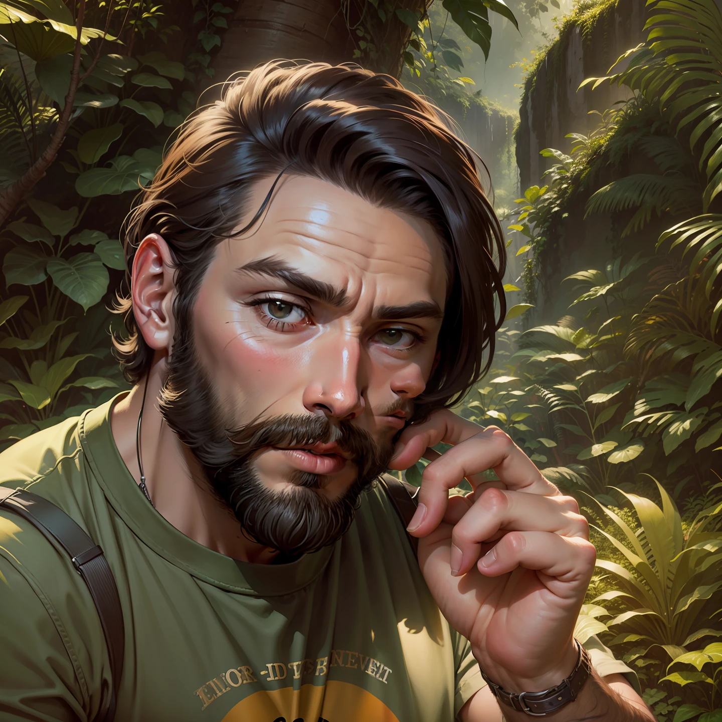 Change this background.Masterpiece, award winning portrait of a bearded 24 year man.hipster explorer in a Jungle by Syd Mead, cold color palette, muted colors, detailed, 8k. realistic face. ultra realistic