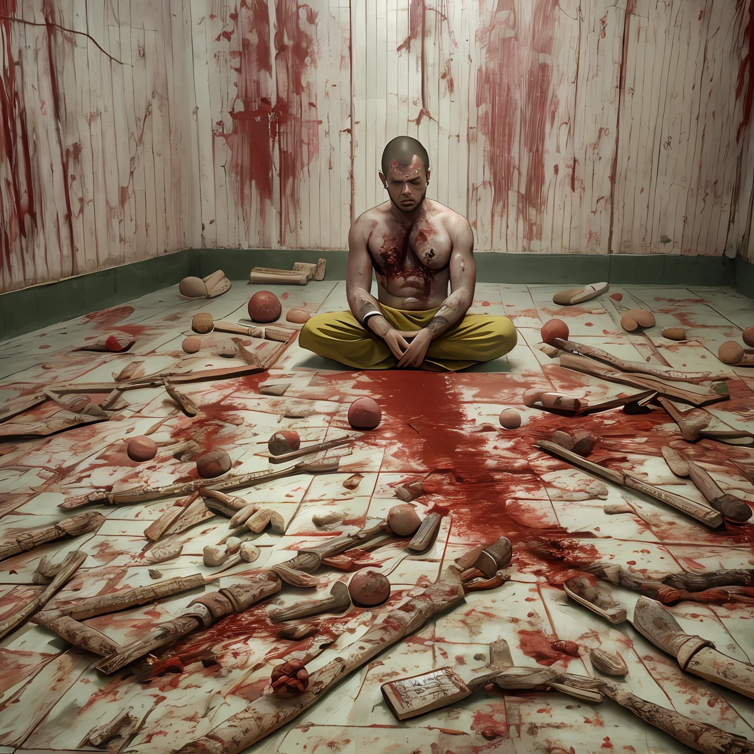 um homem meditando em sangue com corpos mutilados. horror scenario
