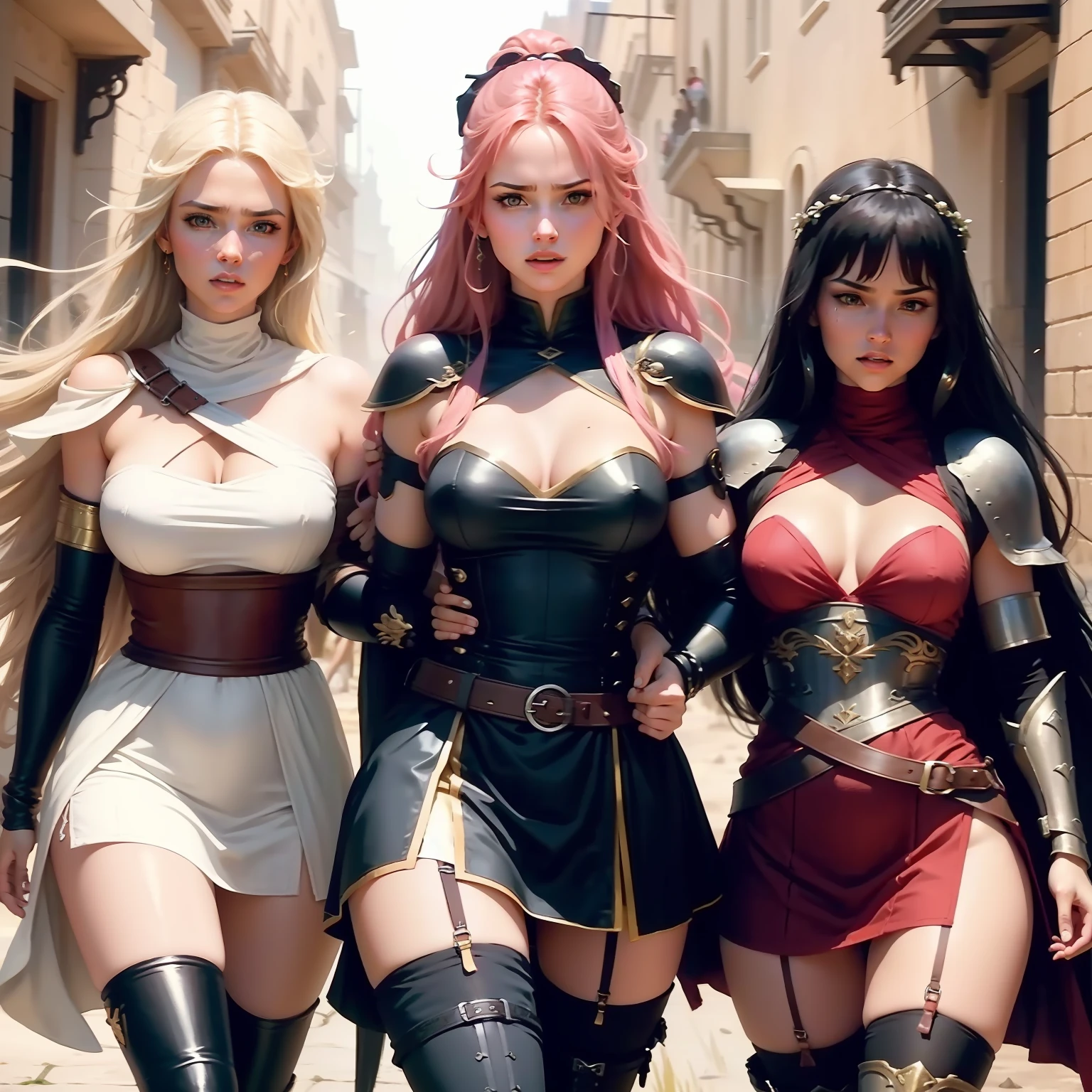 multiple sexy girls warriors armed with weapones wearing dresses and stockings protects princess in bride dress who's attacked, only females on the picture