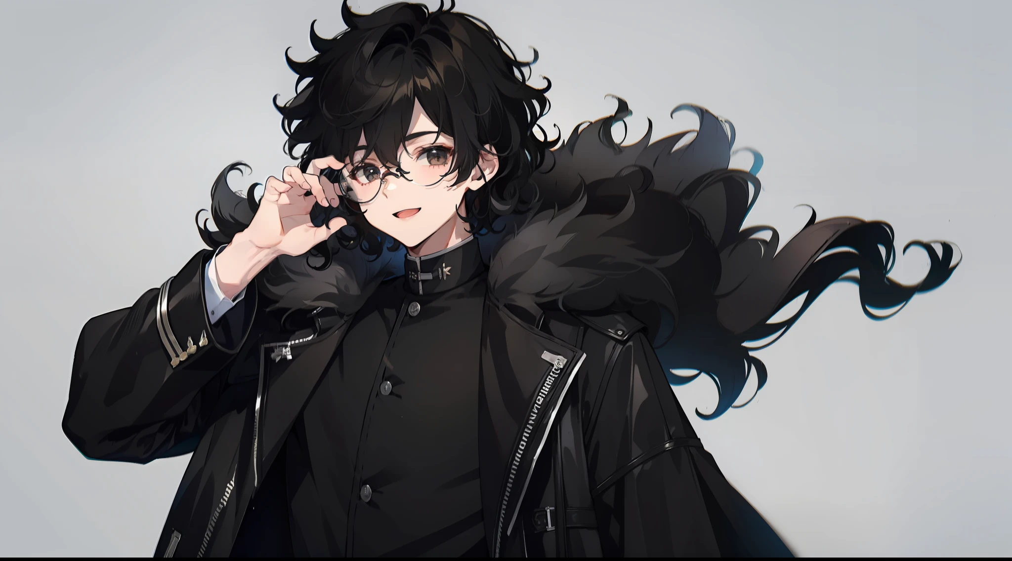 boy with medium black curly hair, with round glasses, black coat, smiling and cute