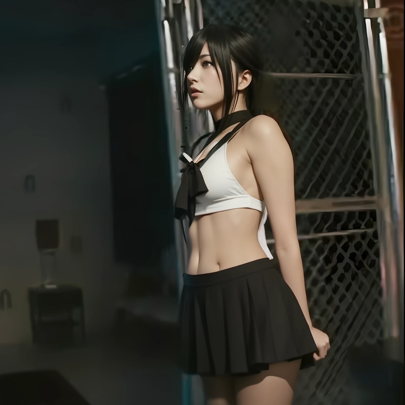 There was a woman in a short skirt standing in a cage, mayuri shiina, Tifa Lockhart, movie screencap, tifa lockheart, noire moody scene, sui ishida with black hair, asuka suit under clothes!, ff Tifa, shiori teshirogi, rings asuka iwakura station game, Young skinny gravure idol