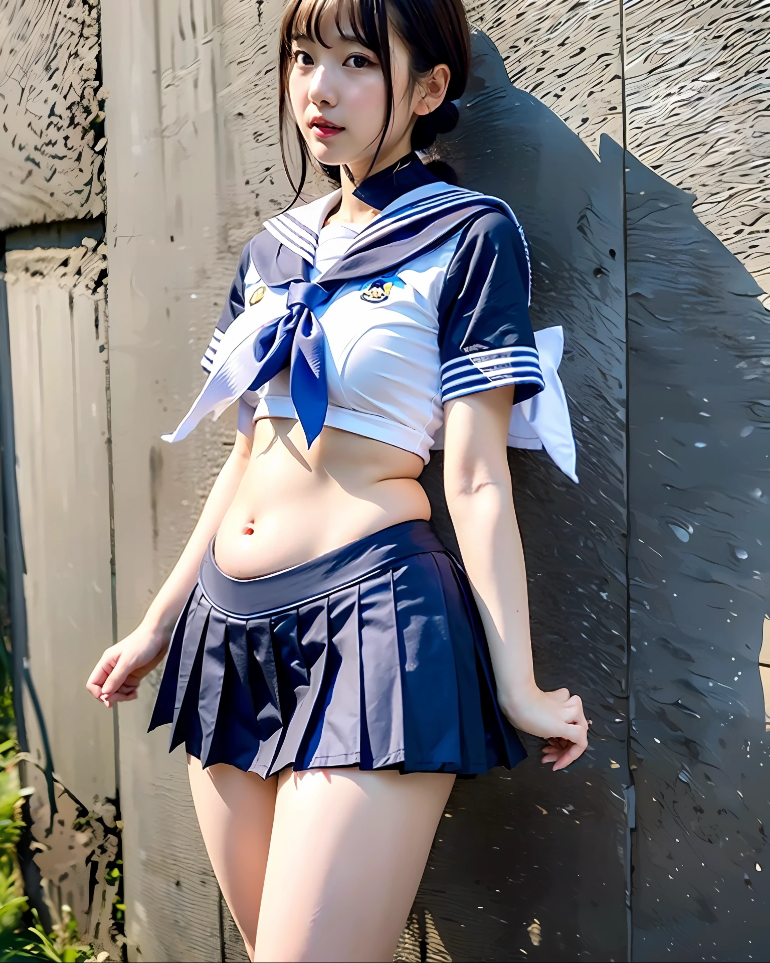 masutepiece、high-detail、high-level image quality, Super、
a matural female, Small、small tits、tiny chest, (Sailor suit in small size、(Patsupatsu Sailor Suit)、(Sailor suit with a visible navel)
、Miniskirt Uniform, extremely plump、Big tummy、Saggy tummy、Round belly、thick arms、Big buttocks、thick waist、thick leg、