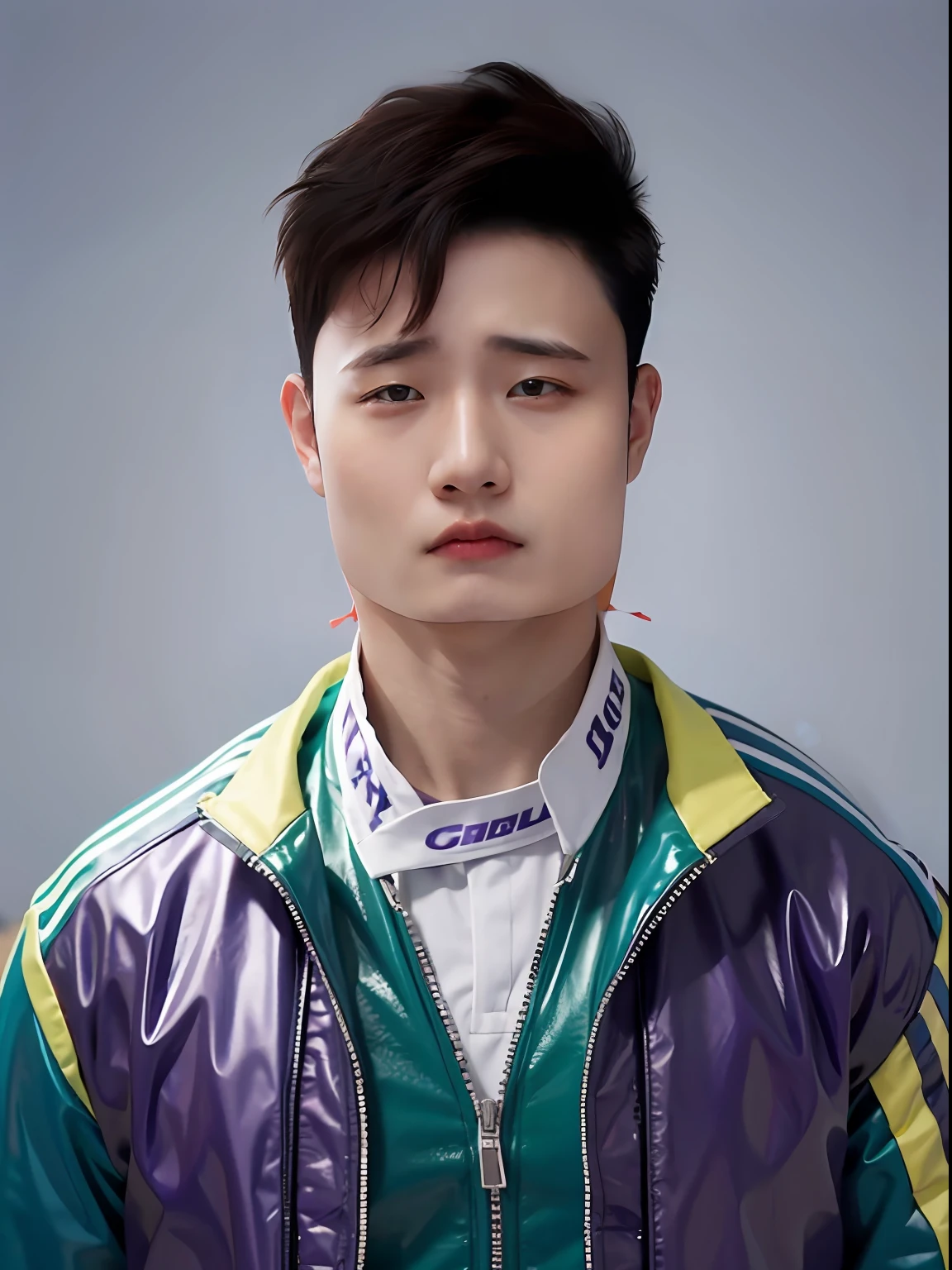 A 17-year-old male high school student in China，Wearing PVC purple，blue colors，amarelo，Green racing suit，There are zippers